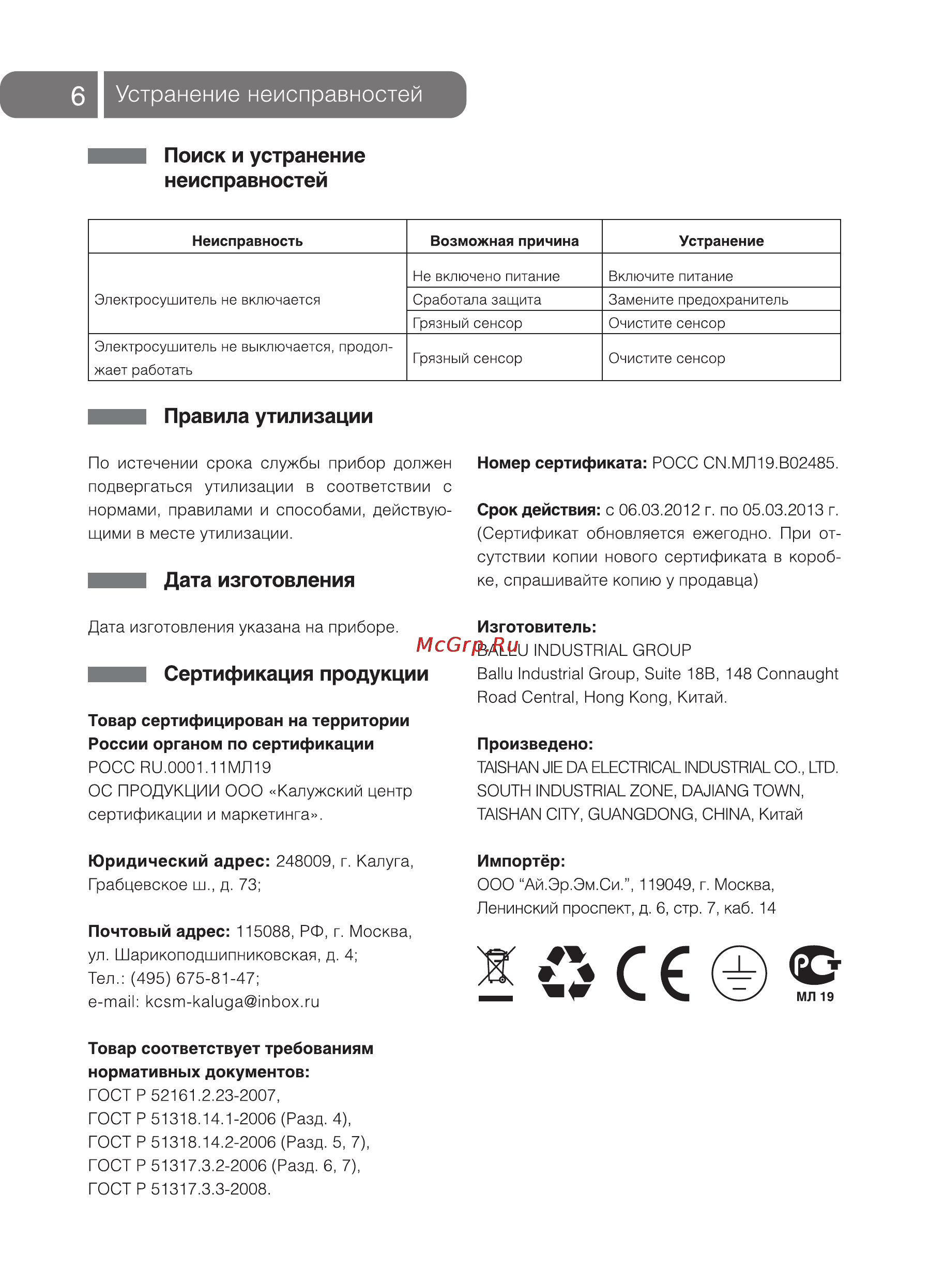 Ballu GSX-1800 Hot air [6/12] Поиск и устранение неисправностей
