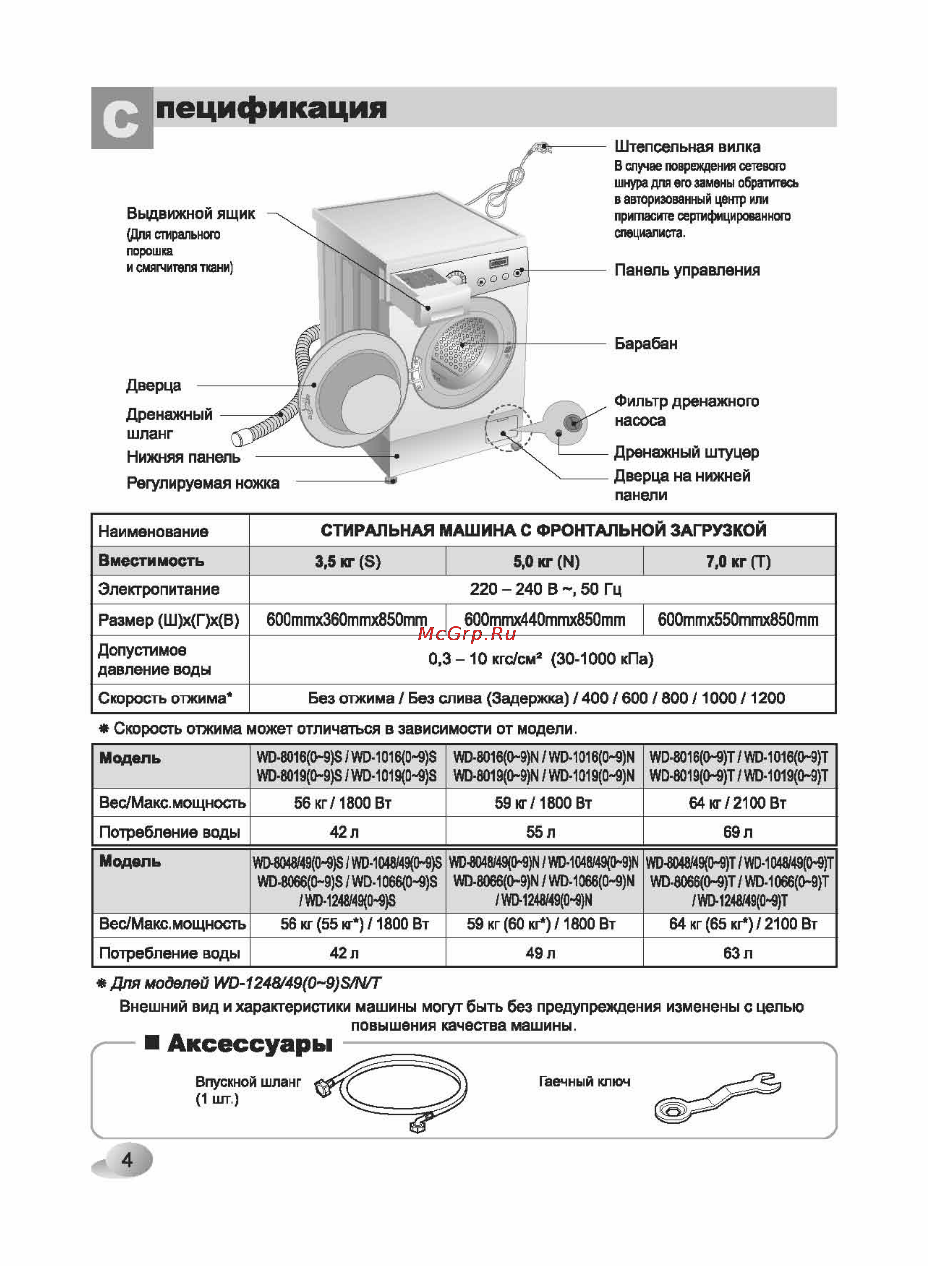 LG WD-80660N [4/32] Пецификация
