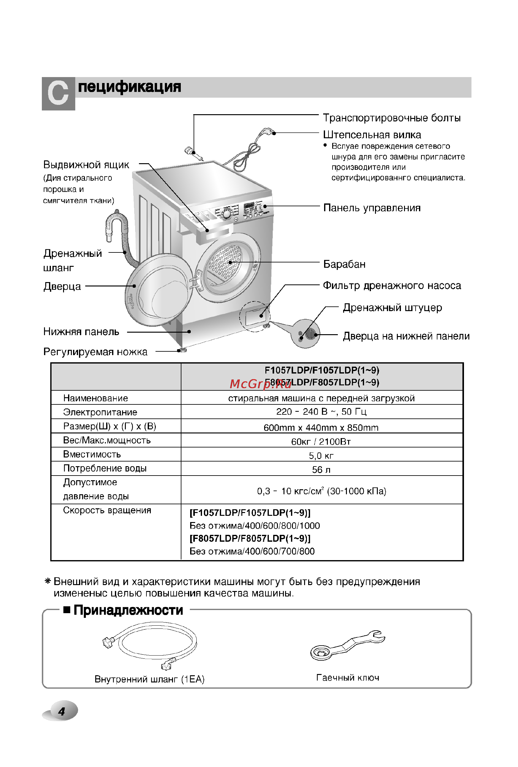 LG F8057LDP [4/32] Пецификация