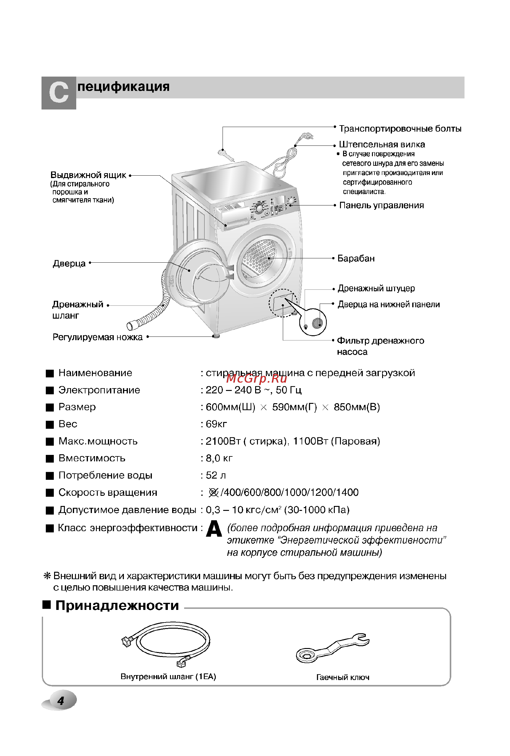 LG F1406TDSP Инструкция по эксплуатации онлайн [5/33] 45410