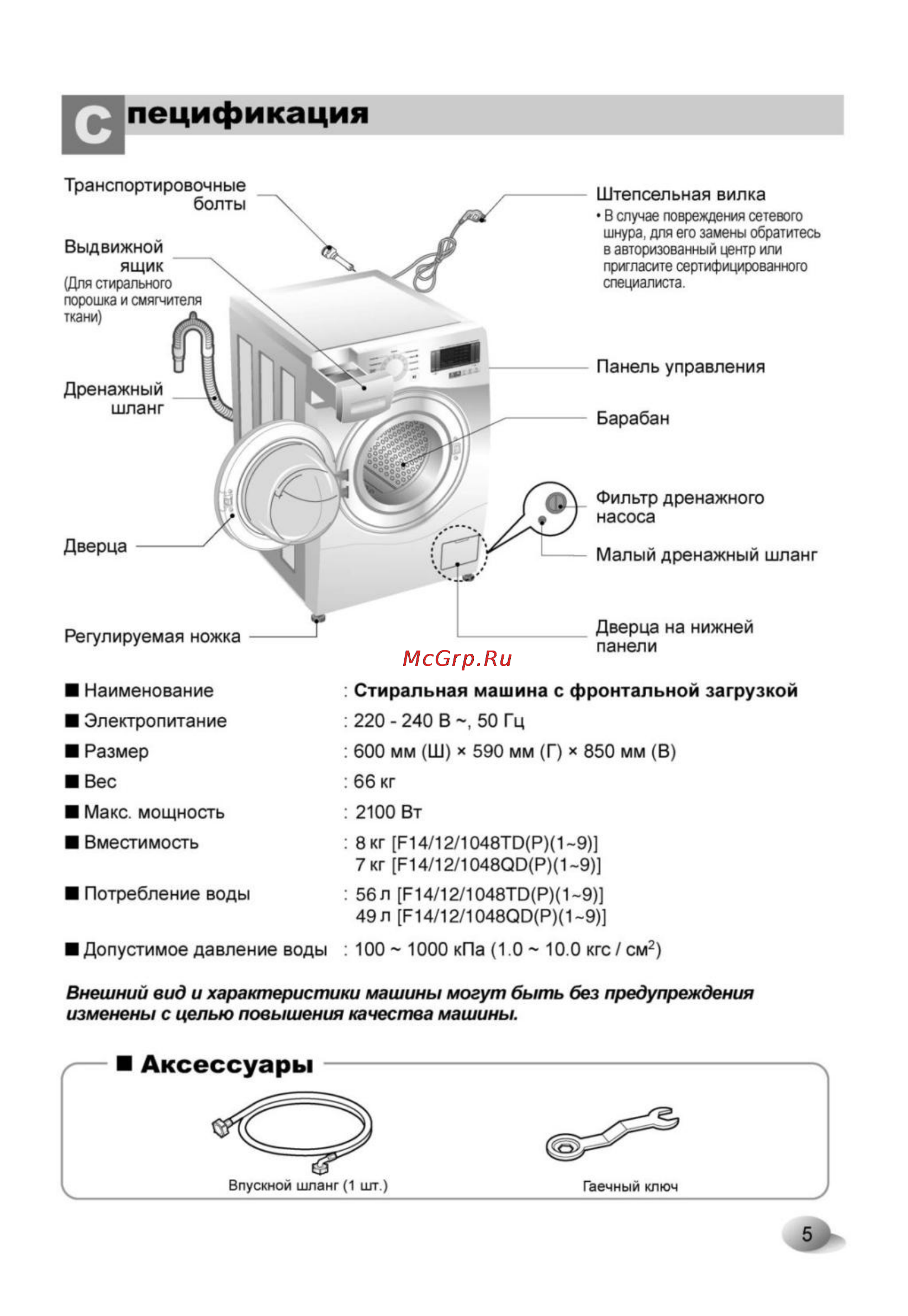 LG F1248QD [5/28] Пецификация