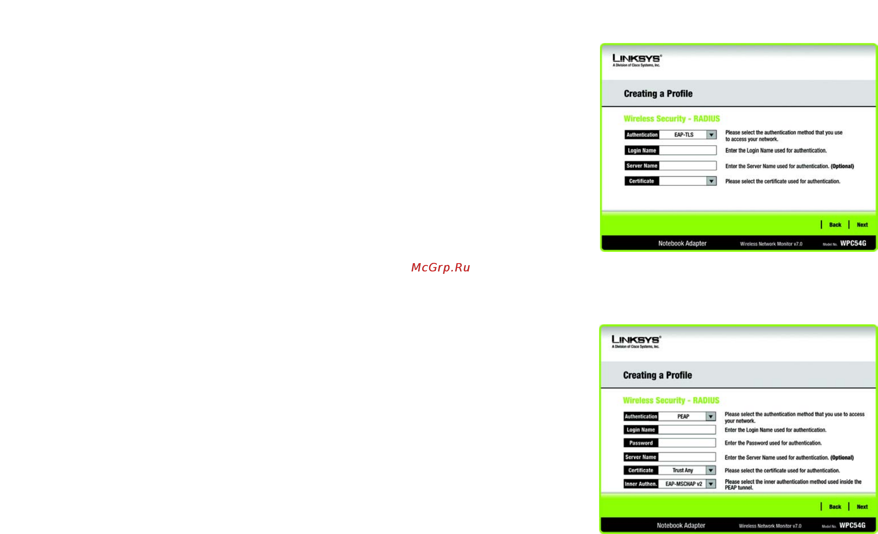 Linksys WPC54G [37/65] Radius