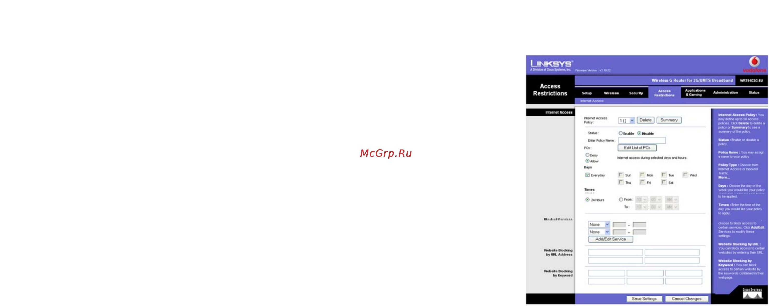 Linksys WRT54G3G [90/165] The access restrictions tab internet access