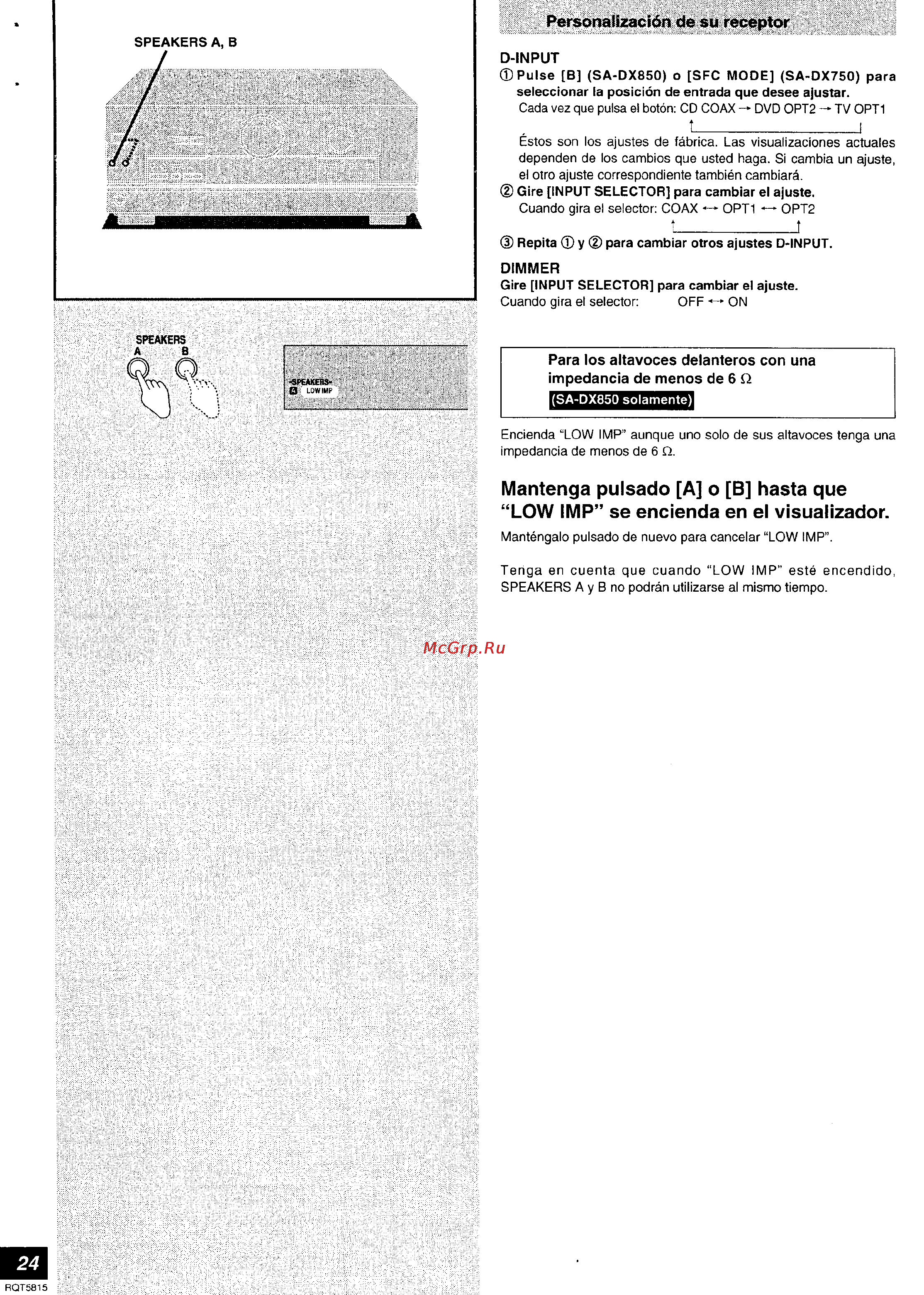 Technics SA-DX850 [24/56] Mantenga pulsado a o b hasta que low imp se encienda en el visualizador