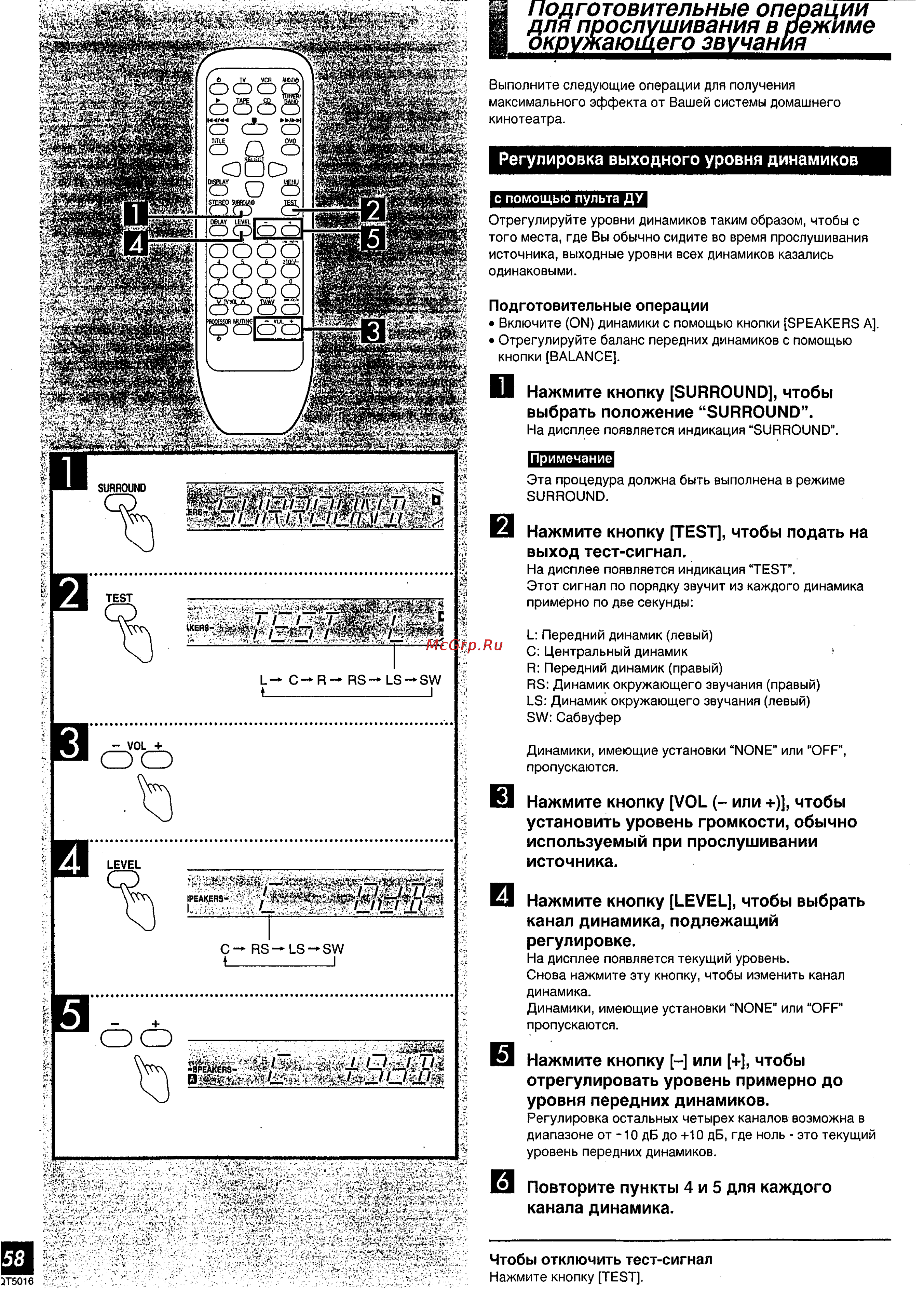 Technics SA-DX930 [29/40] Нажмите кнопку test чтобы подать на выход тест сигнал