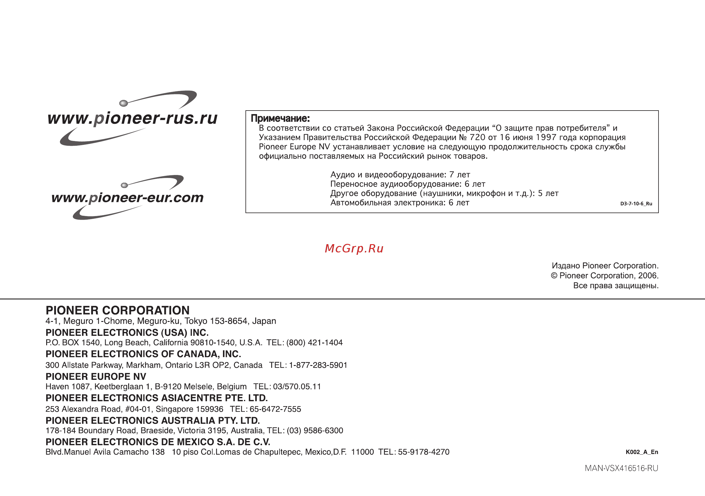 Pioneer VSX-416-S Инструкция по эксплуатации онлайн [34/34] 47587
