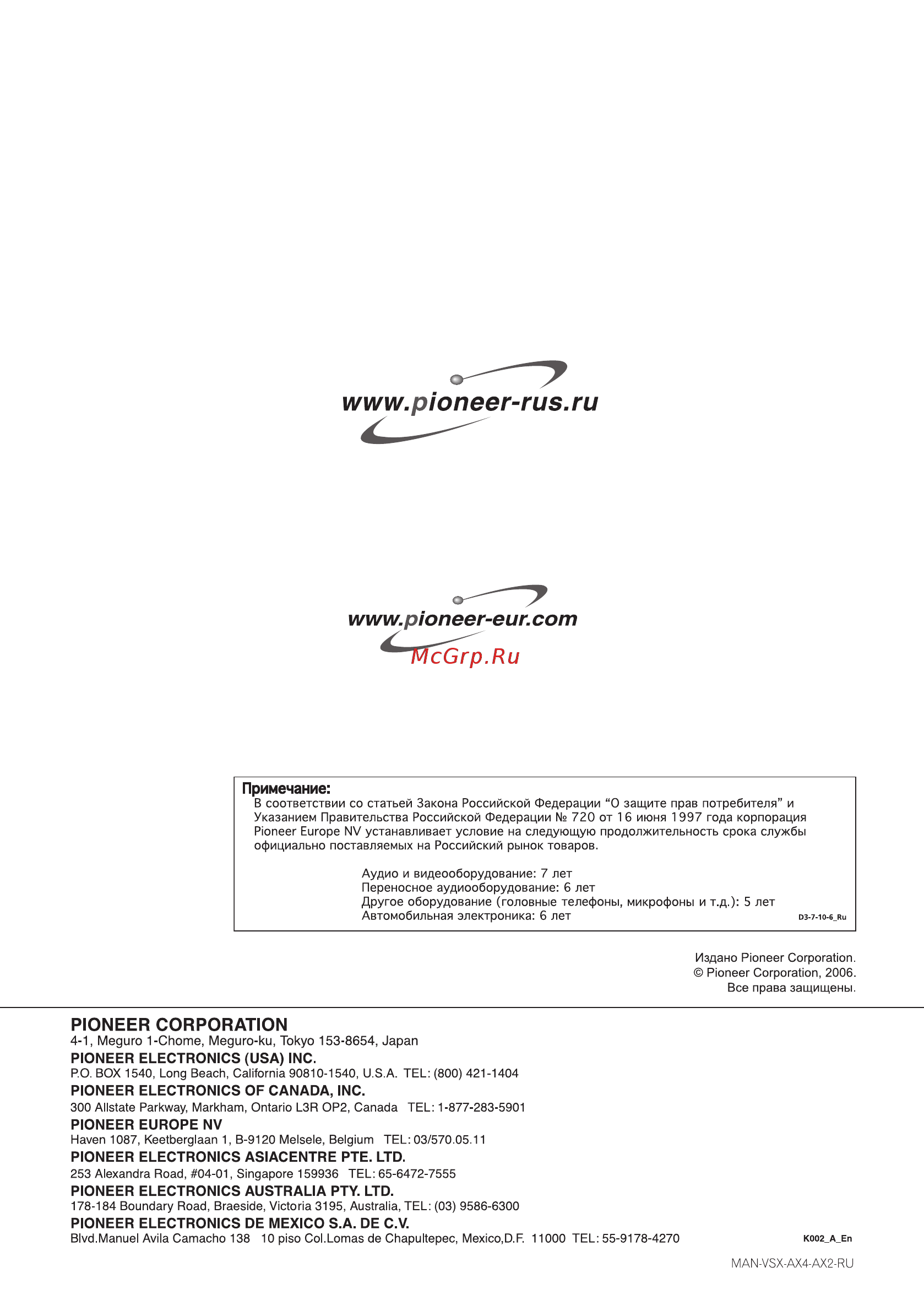 Pioneer VSX-AX4ASi-s Инструкция по эксплуатации онлайн [92/92] 47755
