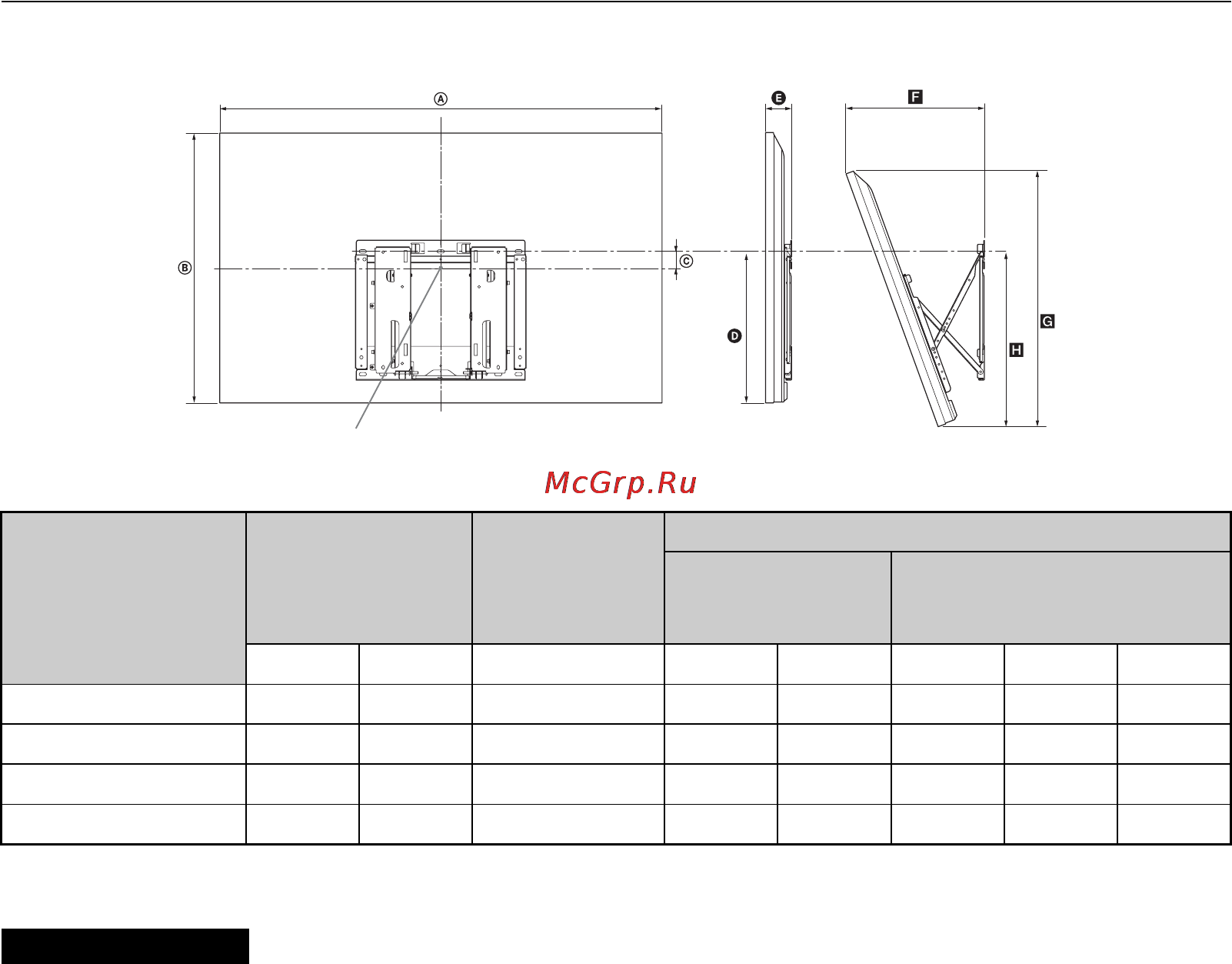 Sony KDL-40 HX800 [16/82] Таблица установочных размеров телевизора