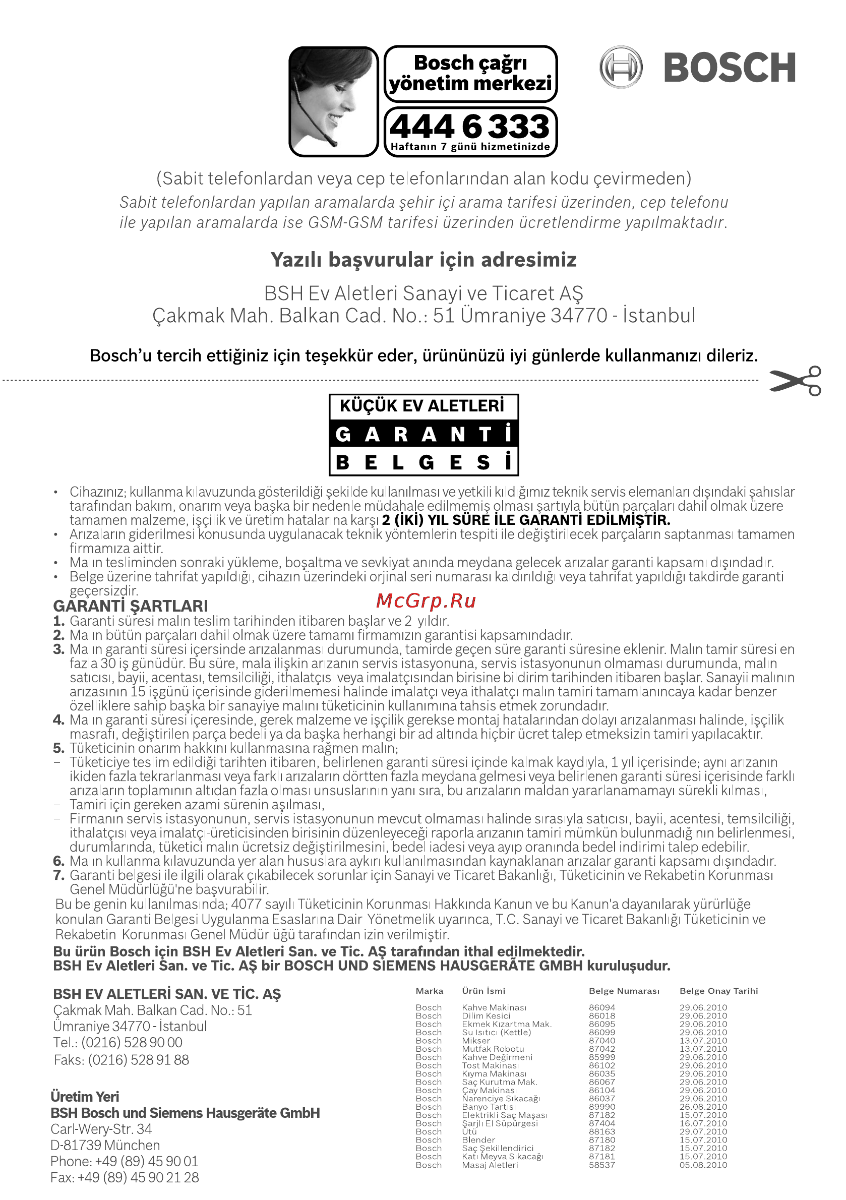 Bosch MSM 7151 [40/65] Yazili baçvurular için adresimiz