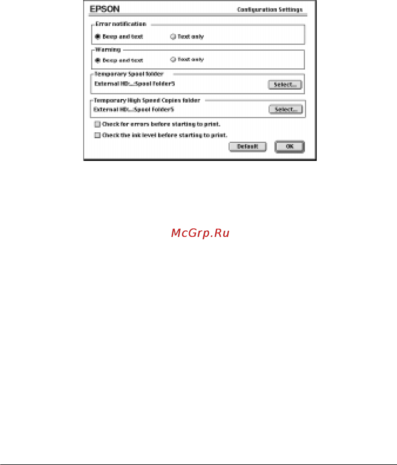 Epson Stylus Photo EX [116/186] Диалоговое окно configuration конфигурация