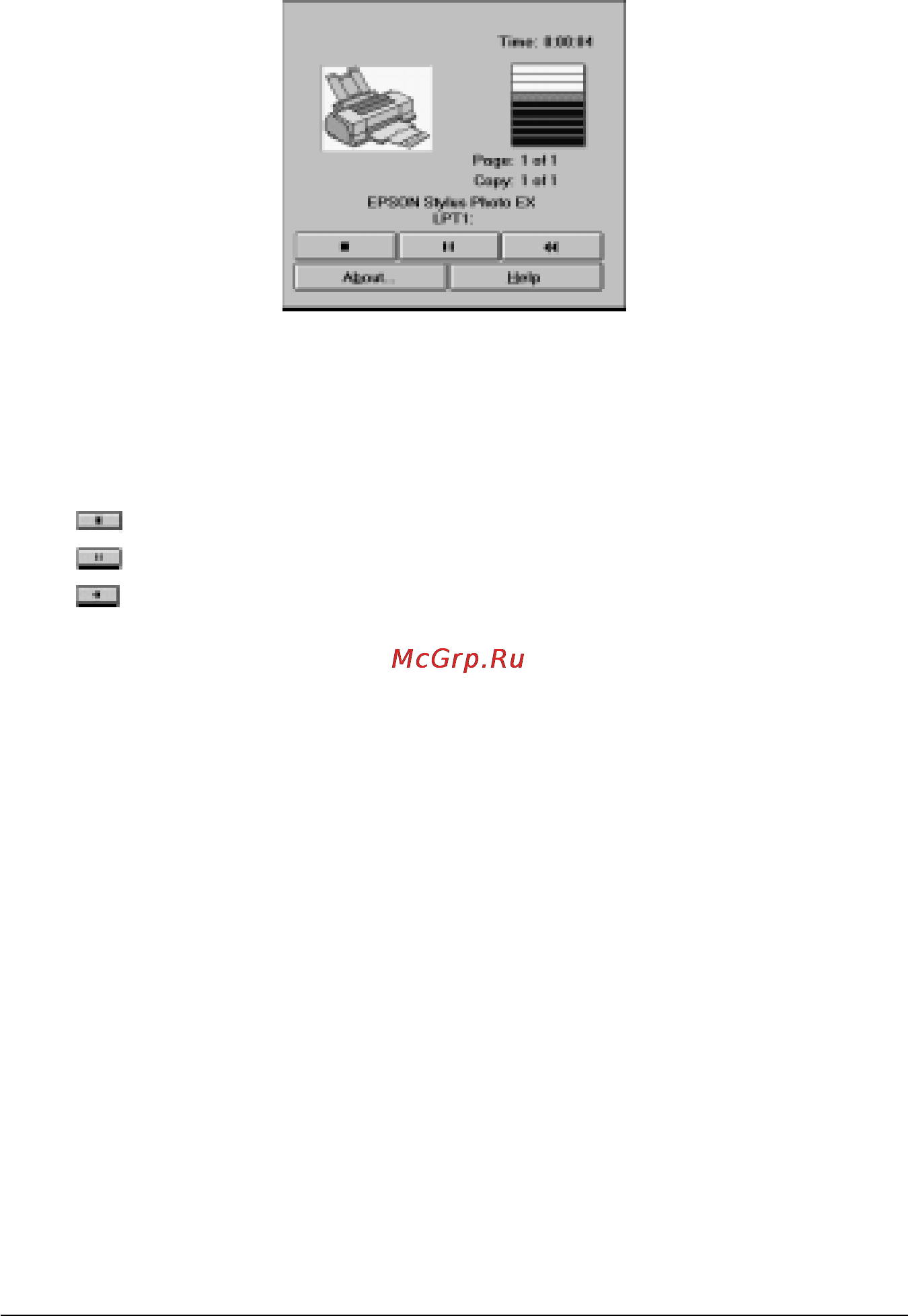 Epson Stylus Photo EX [84/186] Вы можете также отменять задерживать и возобновлять печать выбранных заданий через диалоговое окно ве роо1ег деспулер с помощью кнопок