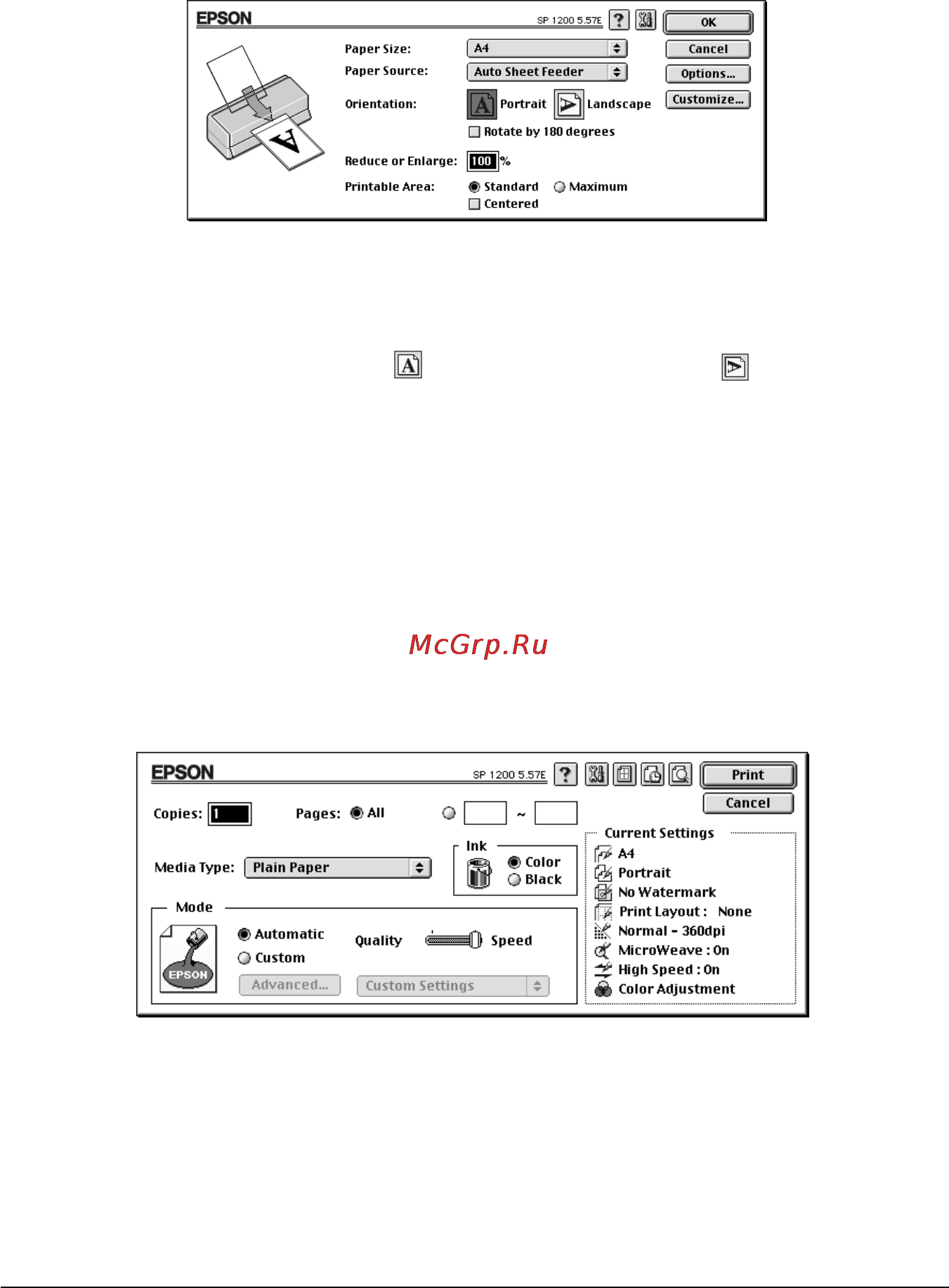 Epson Stylus Photo 1200 [33/60] Альбомная в качестве параметра orientation ориентация