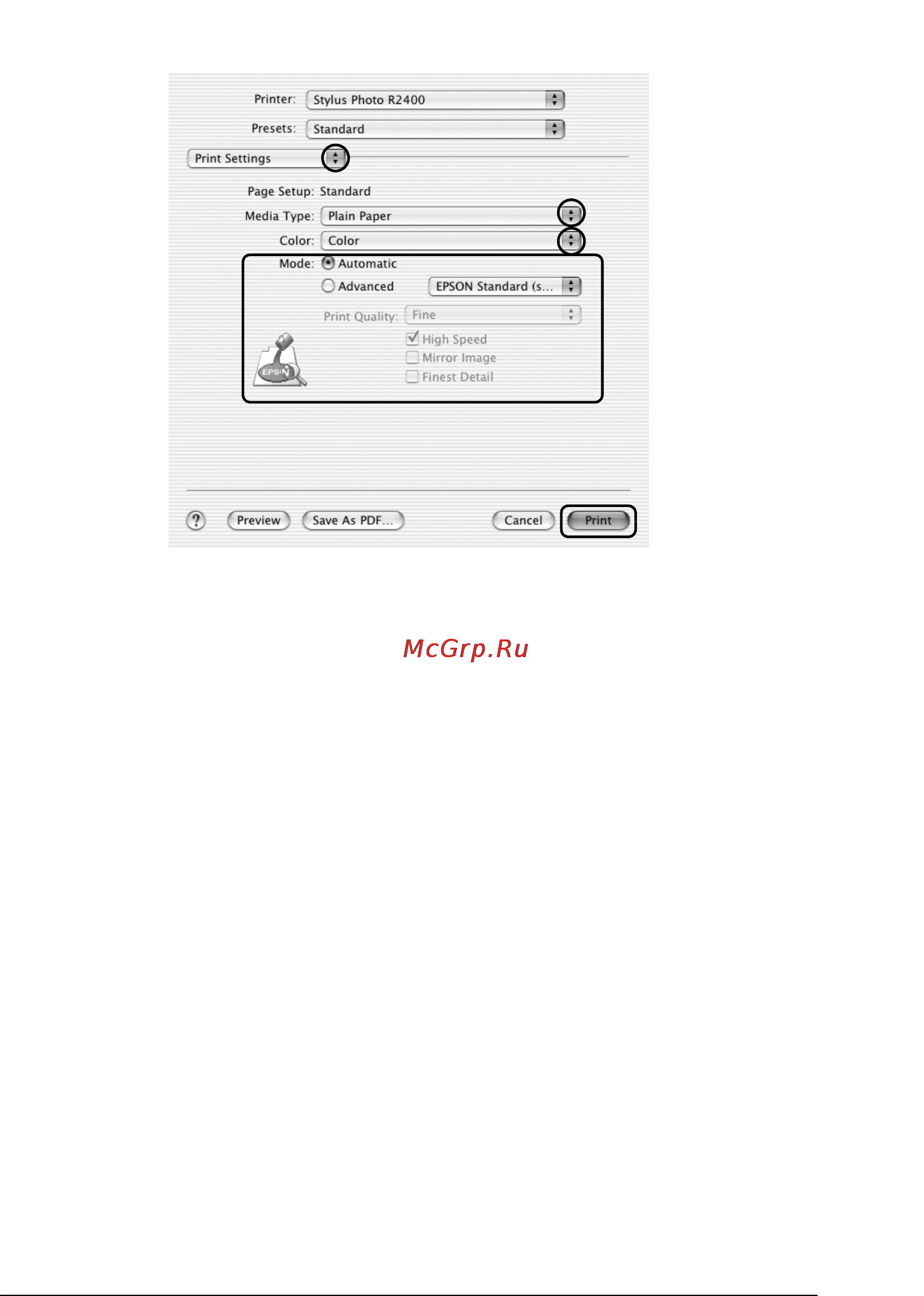 Epson Stylus Photo R2400 [105/418] Настройки драйвера для mac os 9