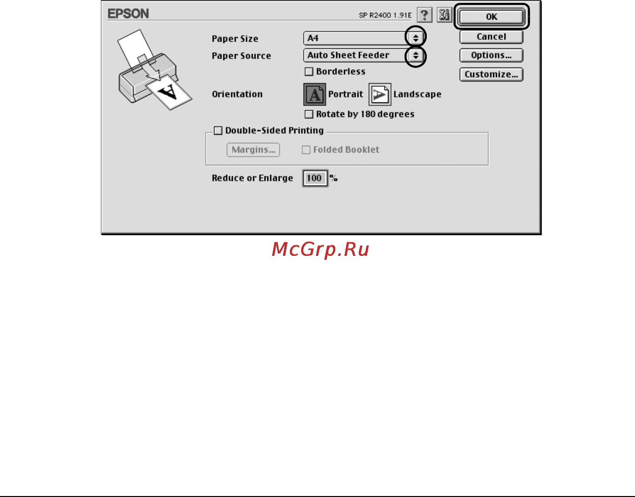 Epson Stylus Photo R2400 [112/418] Настройки драйвера для mac os 9