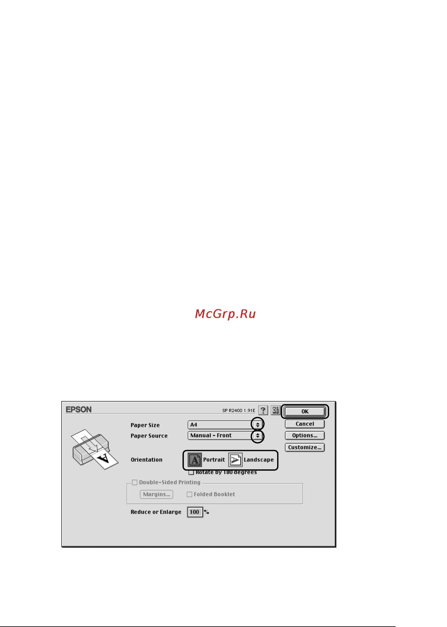 Epson Stylus Photo R2400 [43/418] Настройки драйвера для mac os 9