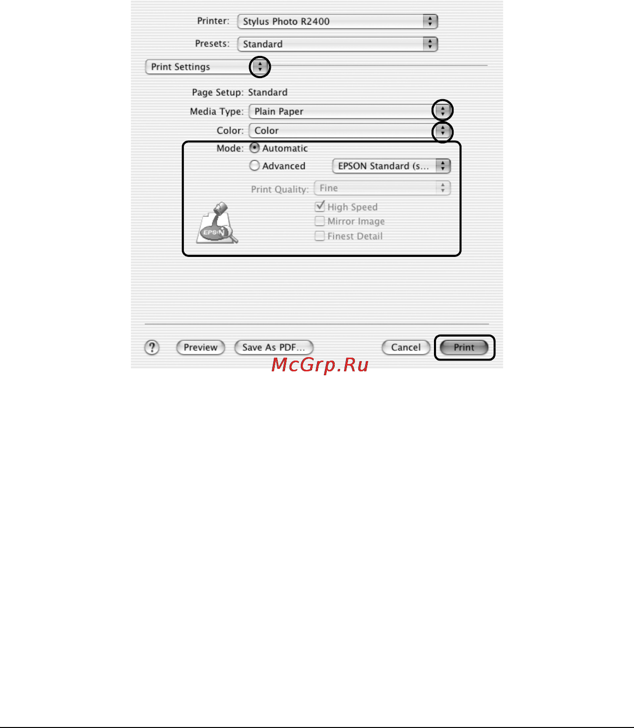 Epson Stylus Photo R2400 [48/418] Настройки драйвера для mac os 9