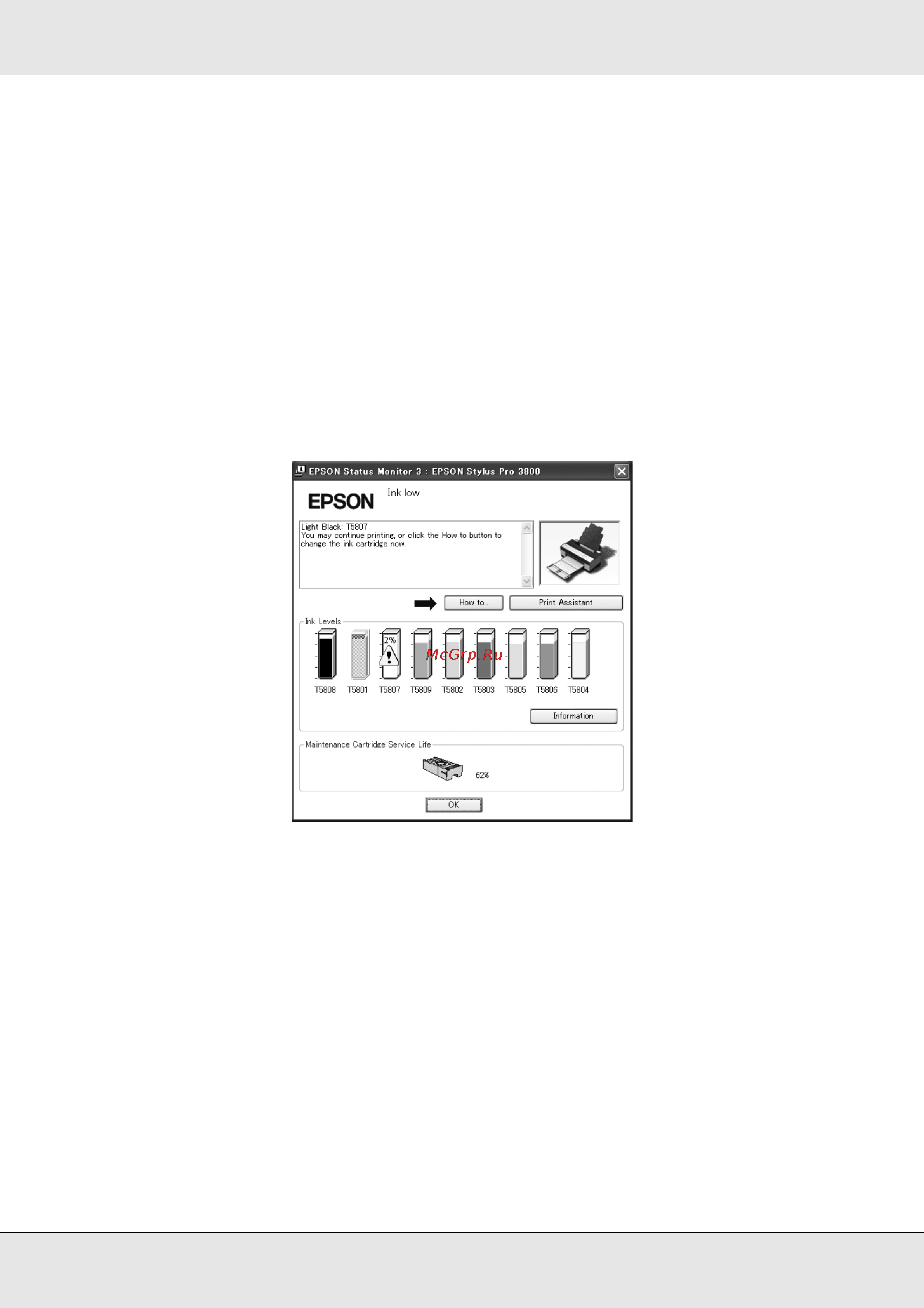 Epson Stylus Pro 3800 [63/213] Просмотр информации в epson status monitor 3