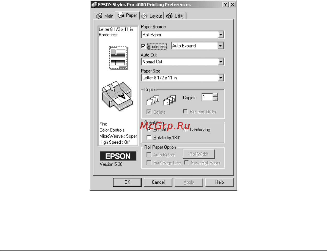 Epson Stylus Pro 4000 [62/410] Настройка параметра ориентация orientation