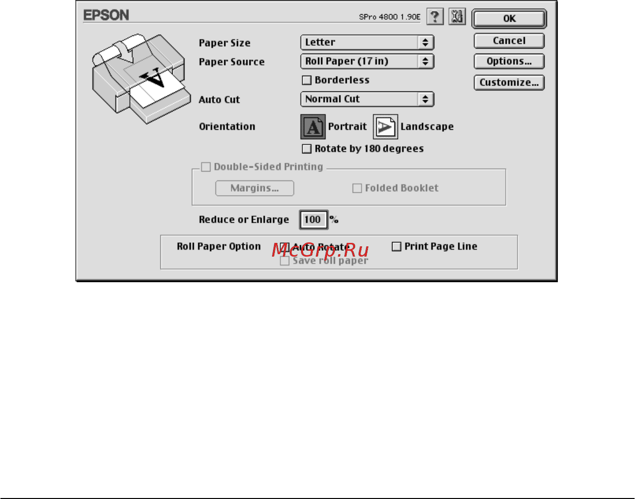 Epson Stylus Pro 4400 [168/429] Настройка параметра roll paper option параметры рулонной бумаги