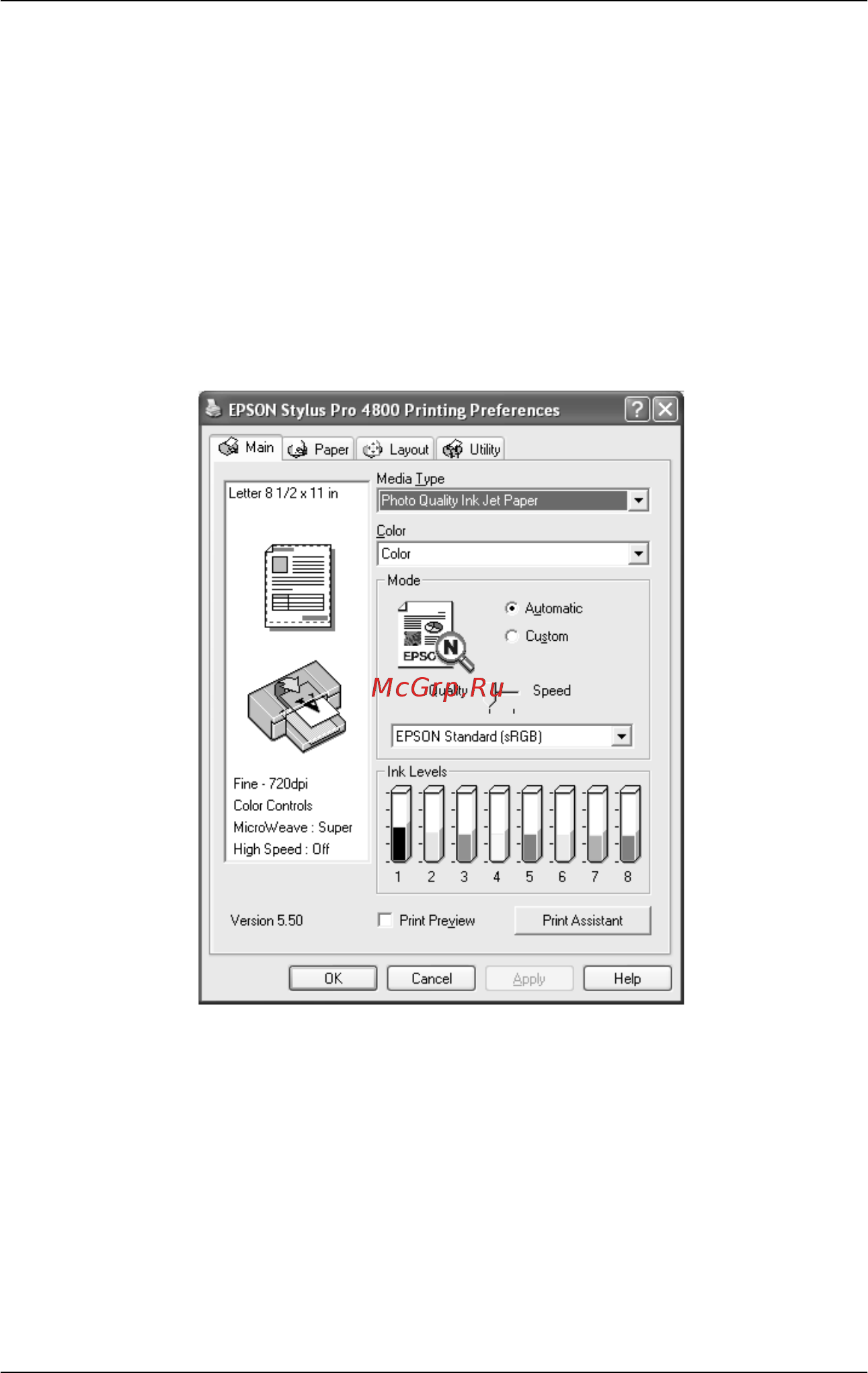 Epson Stylus Pro 4400 [22/429] Настройка параметров на вкладке main главное