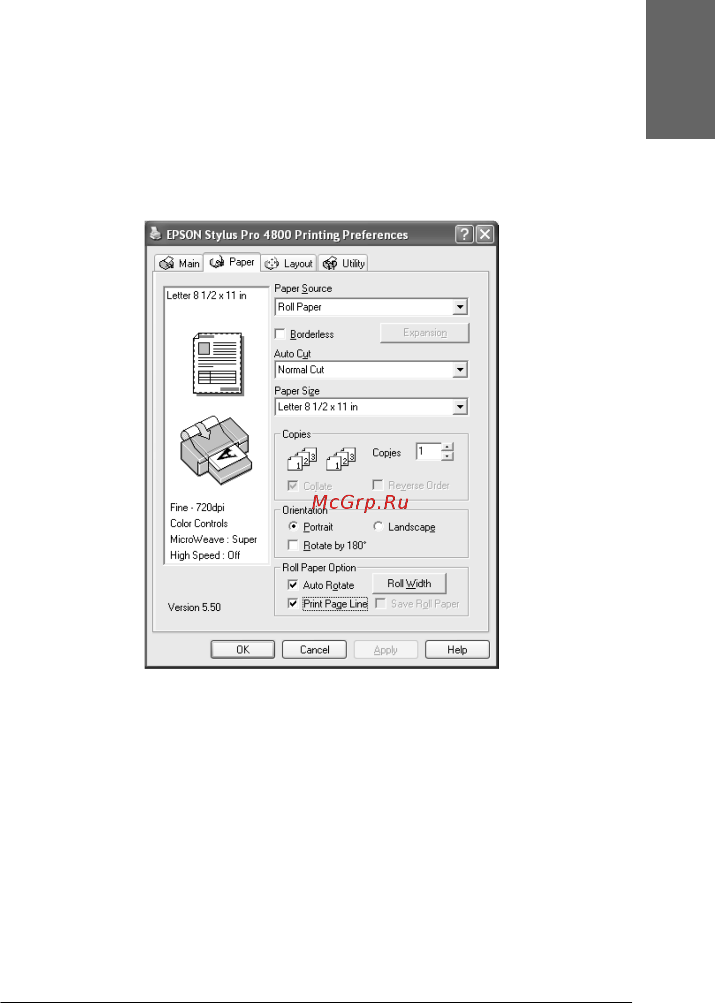 Epson Stylus Pro 4400 [63/429] Настройка параметра roll paper option параметры рулонной бумаги