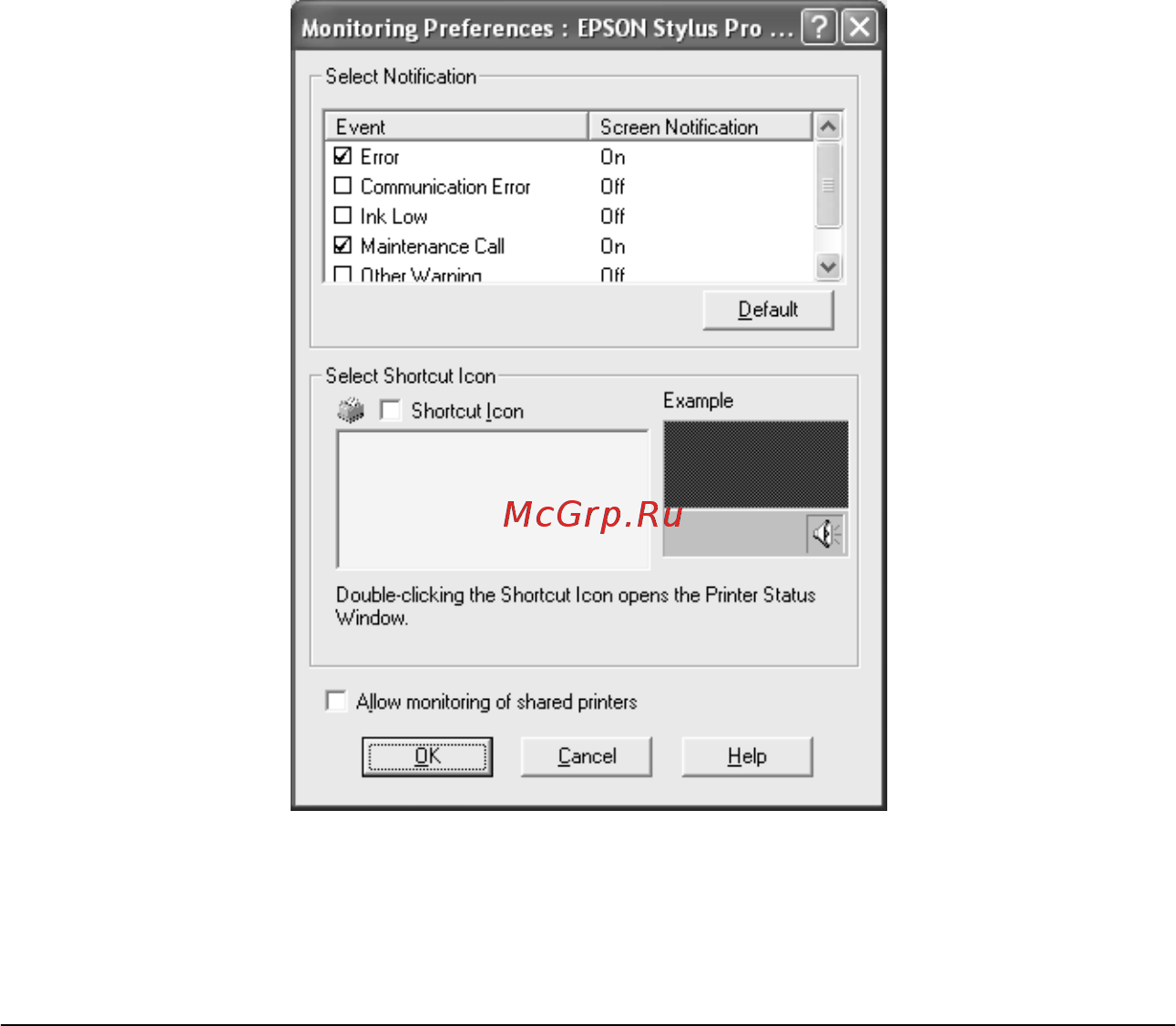 Epson Stylus Pro 4400 [90/429] Monitoring preferences контролируемые параметры