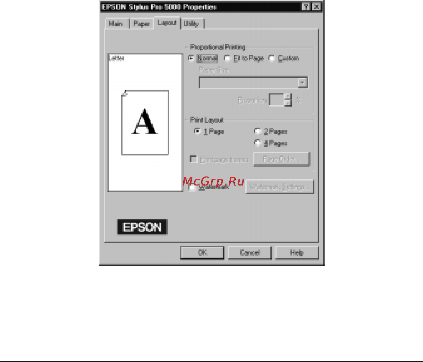 Epson Stylus Pro 5000 [73/213] Пользование меню layout макет только в windows 95 nt4