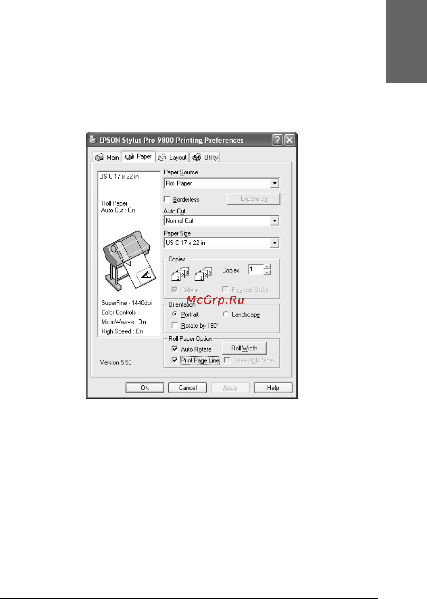 Epson Stylus Pro 7400 [63/418] Настройка параметра roll paper option параметры рулонной бумаги