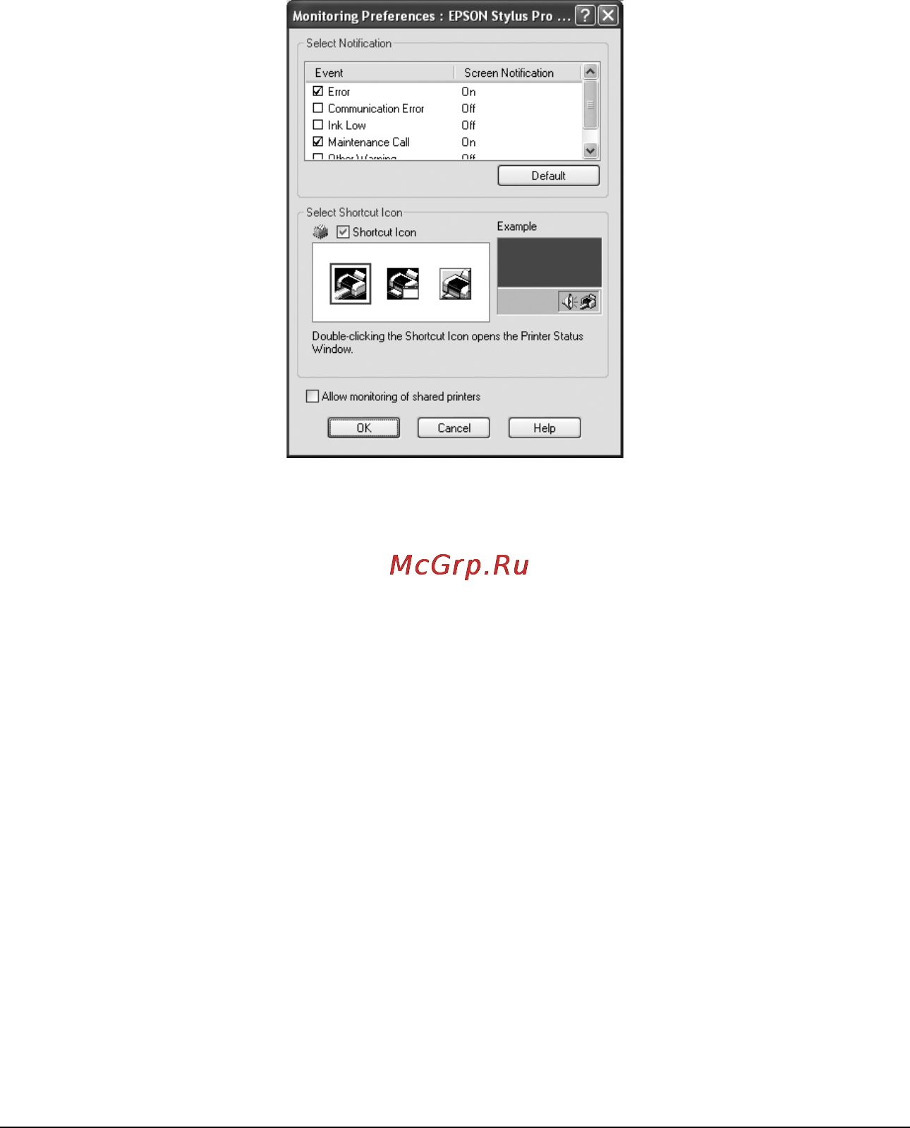 Epson Stylus Pro 4880 [40/358] Просмотр информации в диалоговом окне утилиты monitoring preferences параметры мониторинга