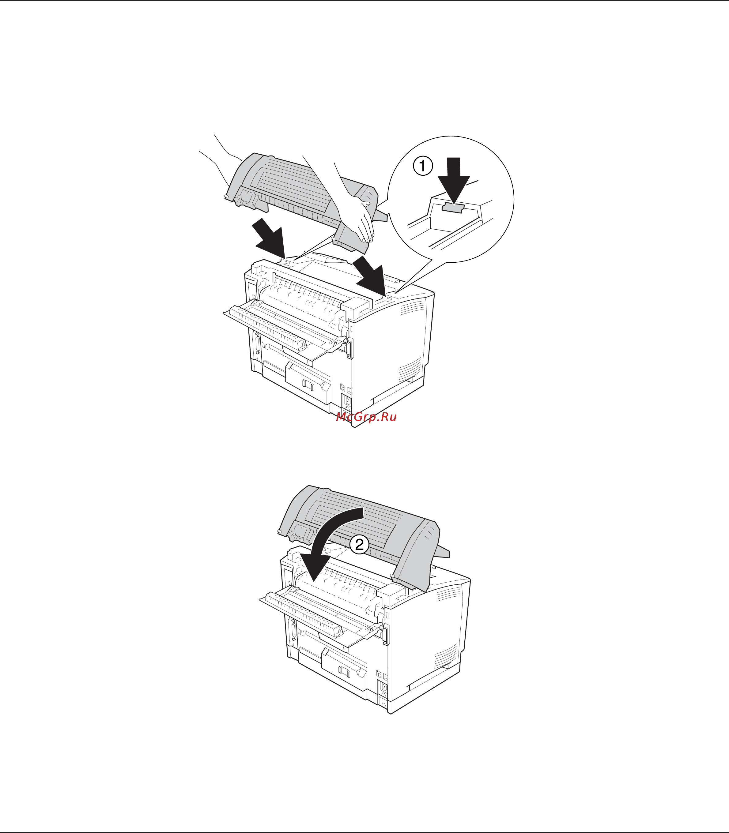 Epson AcuLaser M8000 [134/256] Вставьте левый и правый выступы на раскладчике в отверстия в верхней части принтера и аккуратно опустите раскладчик