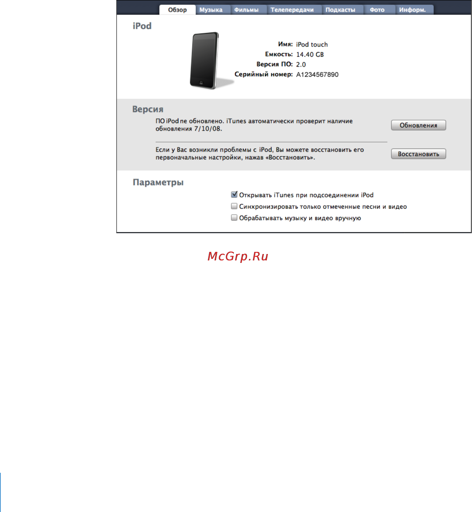 Apple iPod Touch [8/126] Панели настройки ipod touch в itunes