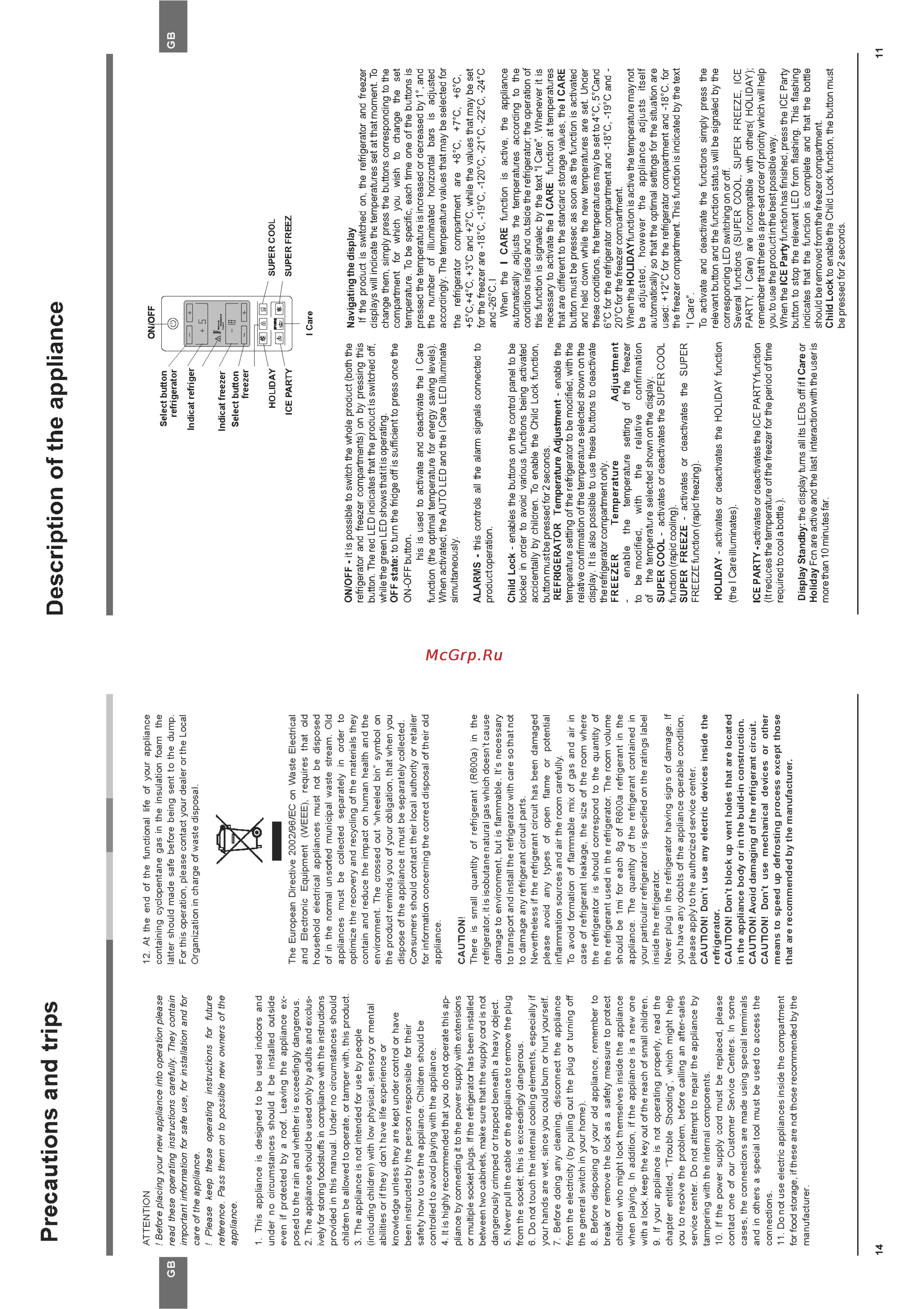 Hotpoint-Ariston HBD 1201.3 X F [11/12] Precautions and trips description of the appliance