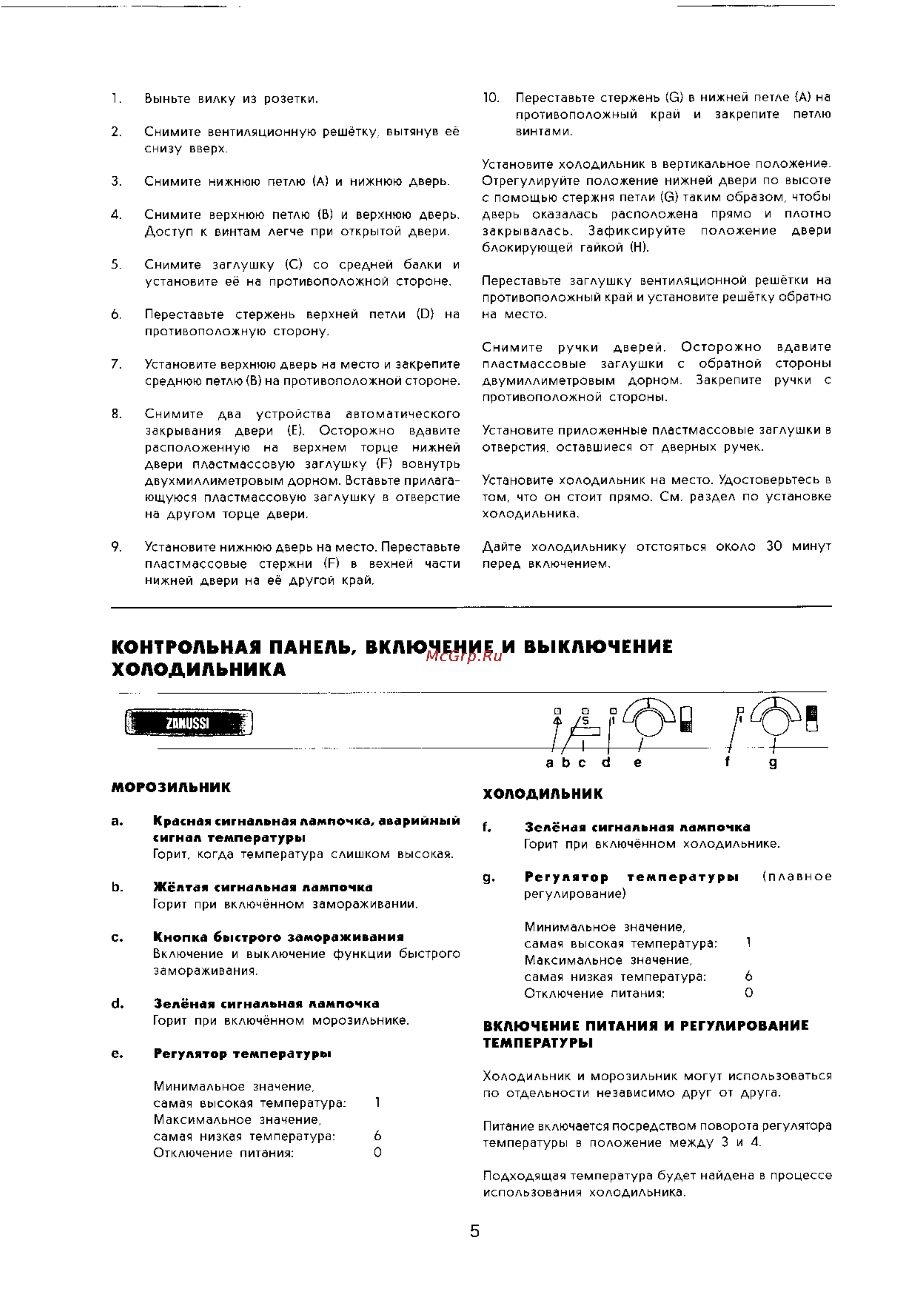 Zanussi ZFK19 [5/14] Контрольная панель включение и выключение холодильника