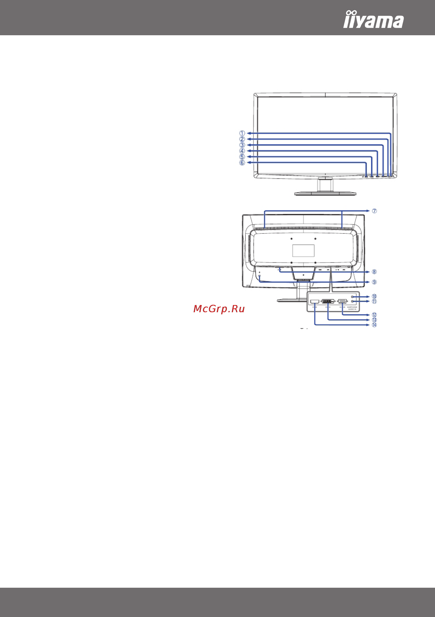 Iiyama PLE2409HDS-B1 [4/6] Органы управления и разъемы