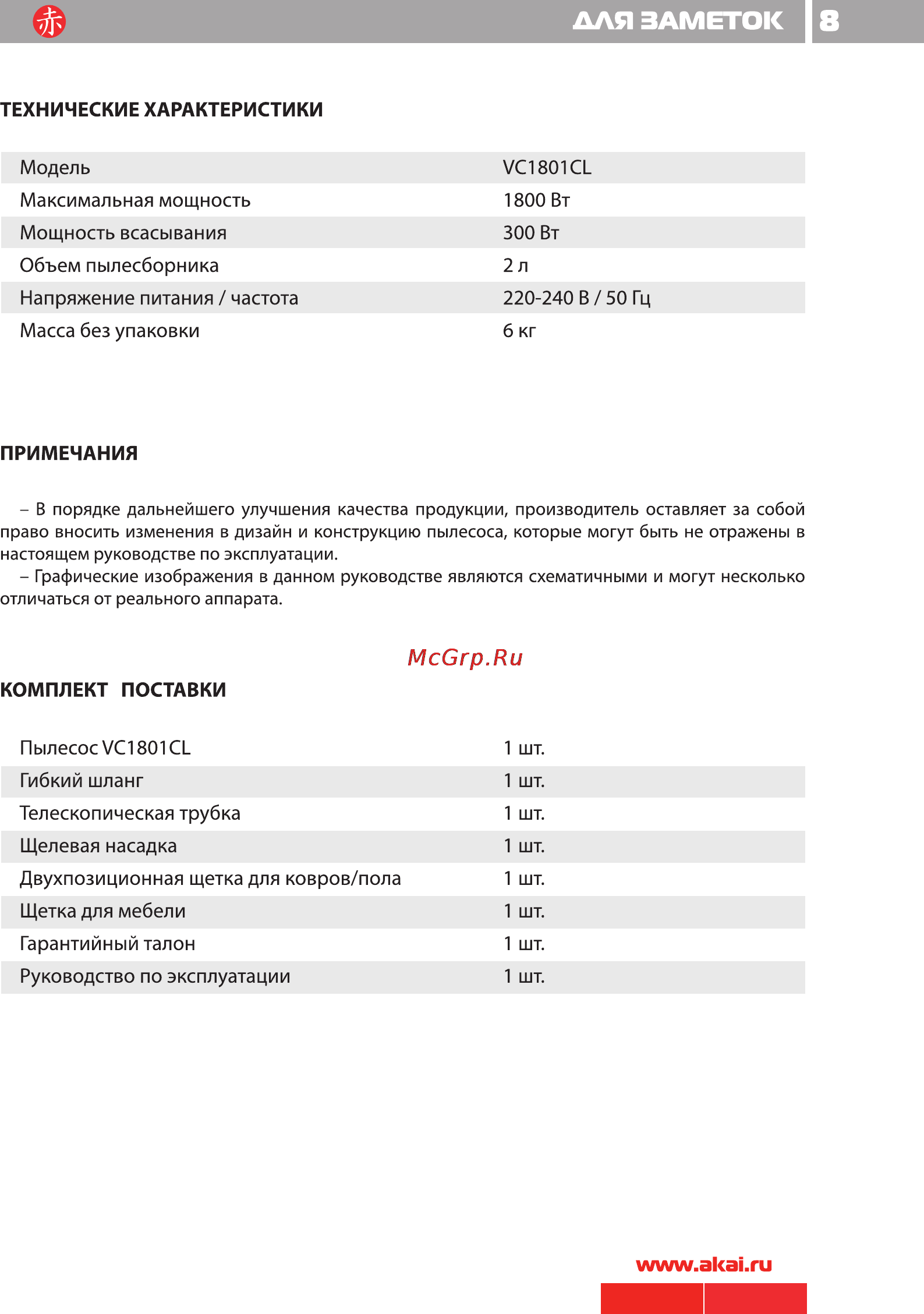 Akai VC 1801 CL [9/12] Заметок