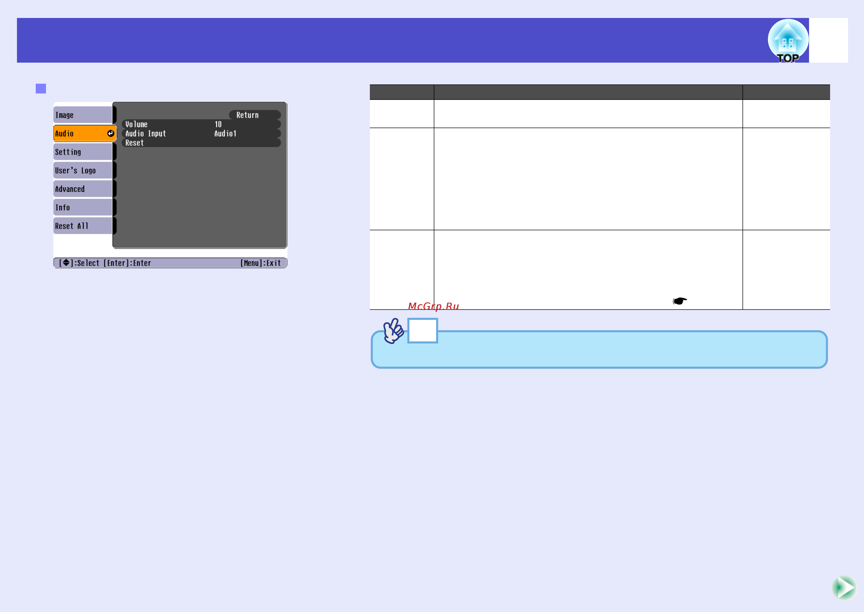 Epson EMP-74L [58/107] Audio menu