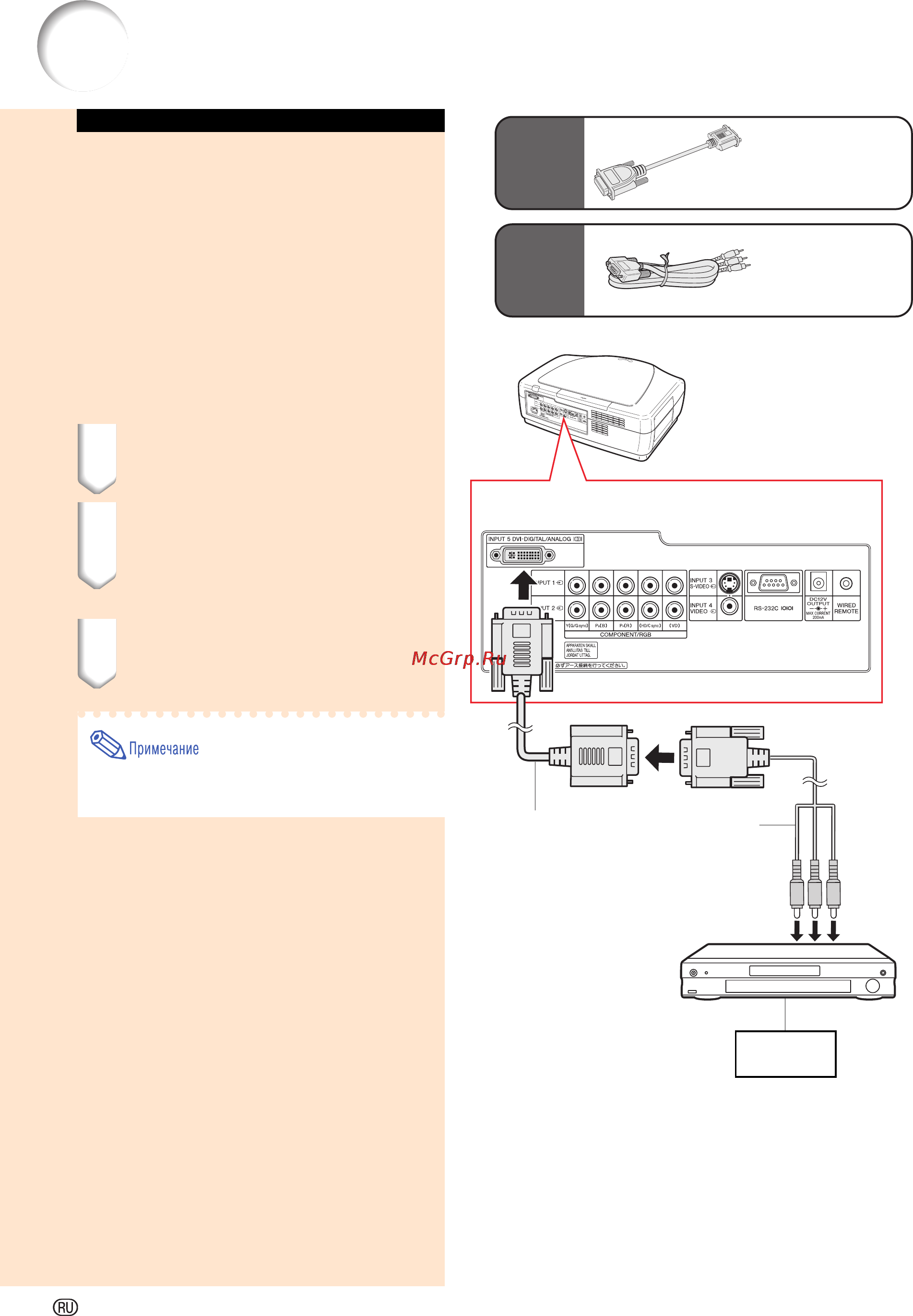 Sharp XV-Z12000 [22/96] Подключение к компонентному видеооборудованию при помощи кабеля 3 rca 15 контактного разъема d sub и 15 контактного dvi адаптера d sub вход input 5