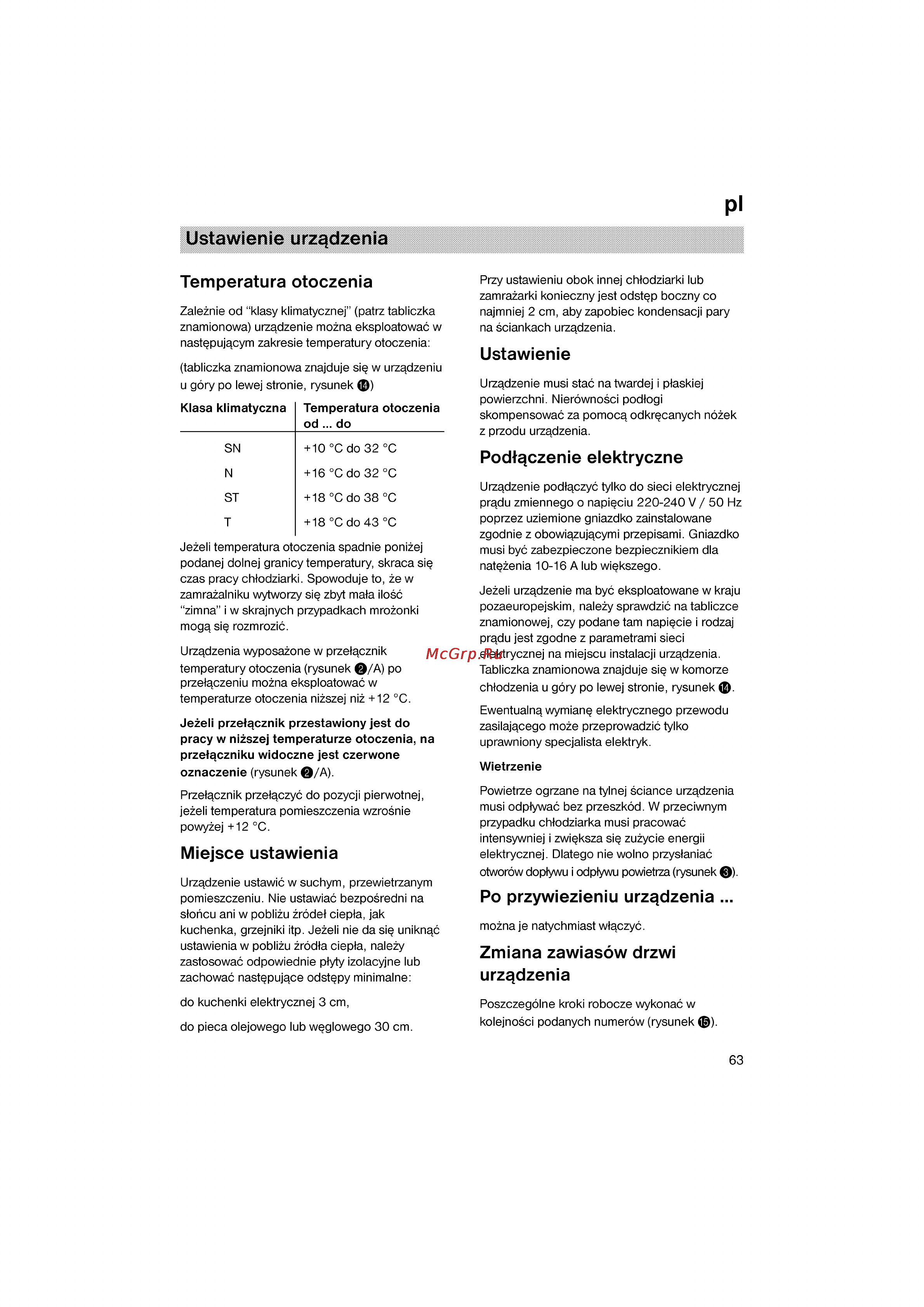 Siemens KG36VY40 [63/96] Miejsce ustawienia