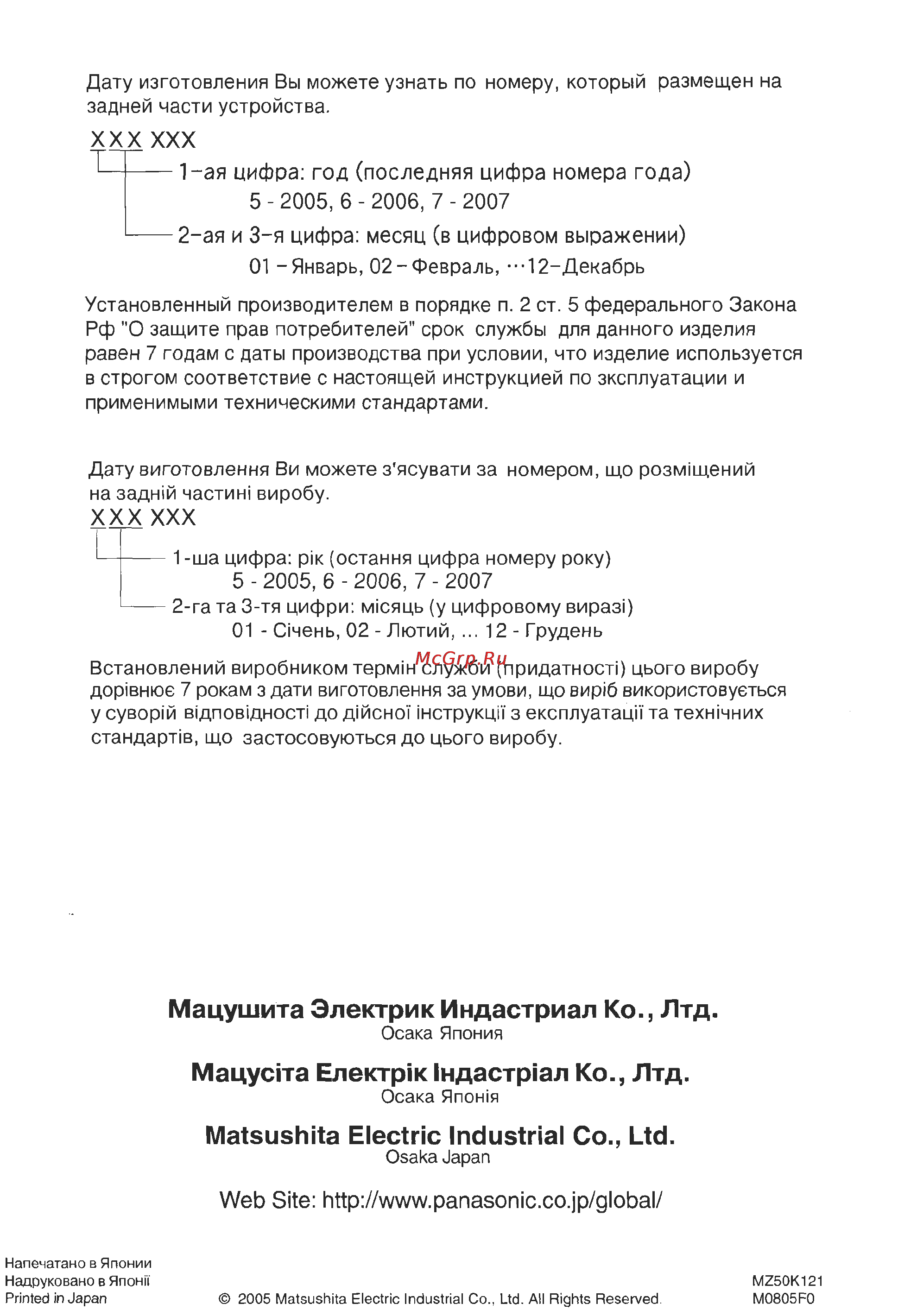 Panasonic MK-G1300P Инструкция по эксплуатации онлайн [12/12] 51990