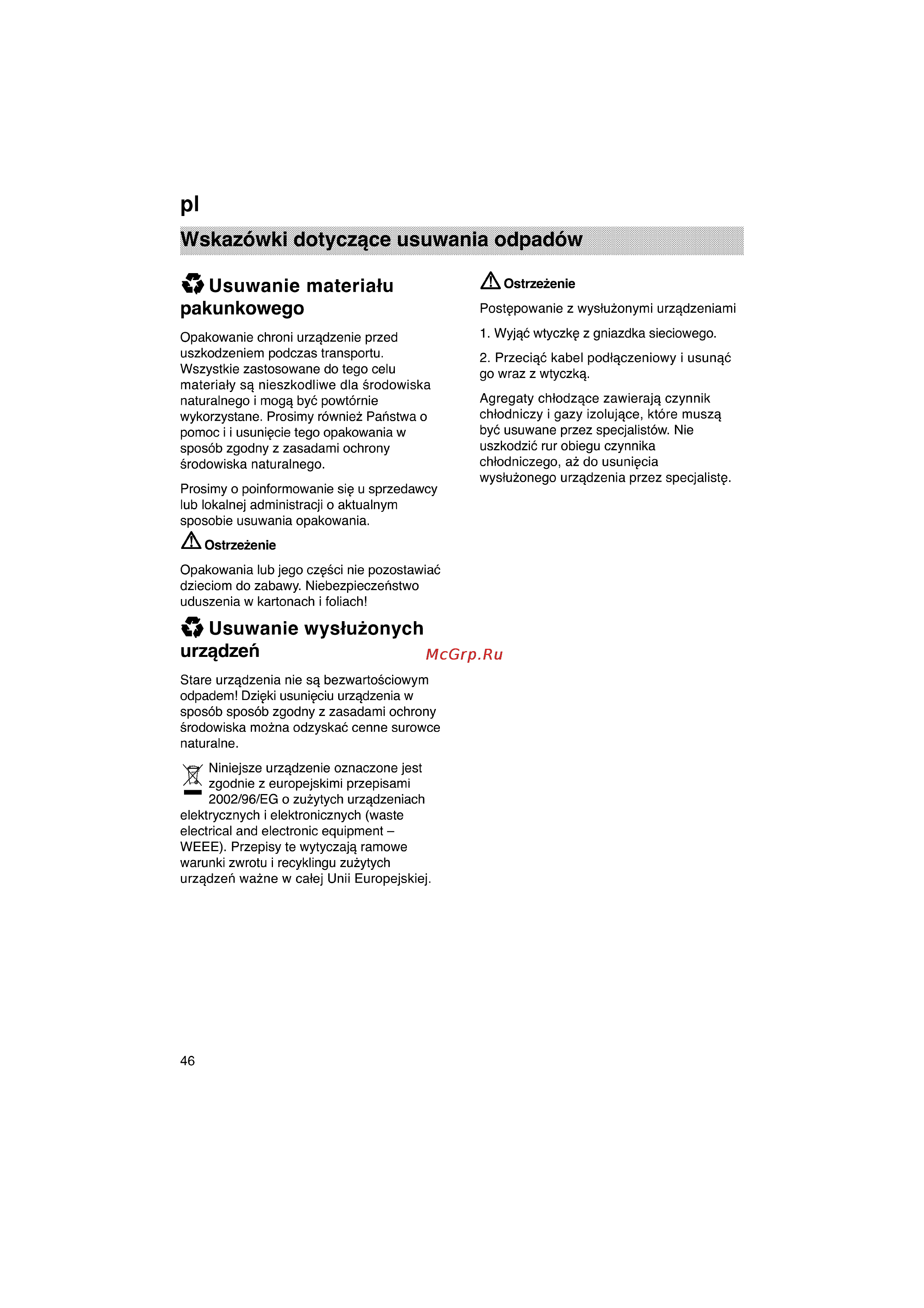 Bosch KGV39X50 [46/77] Wskazowki dotyczqce usuwania odpadow