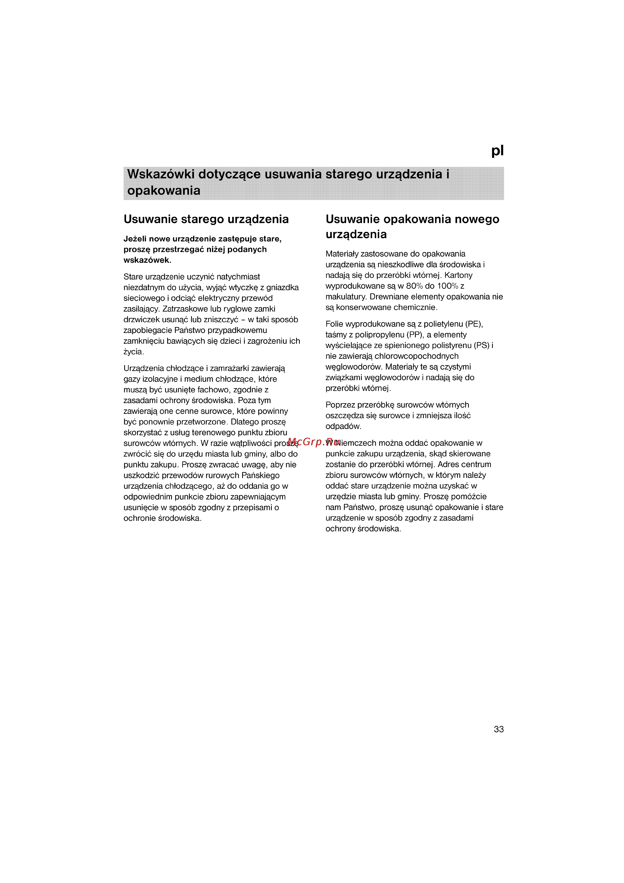 Bosch KGV33600 [33/121] Wskazówki dotyczqce usuwania starego urz dzenia i opakowania