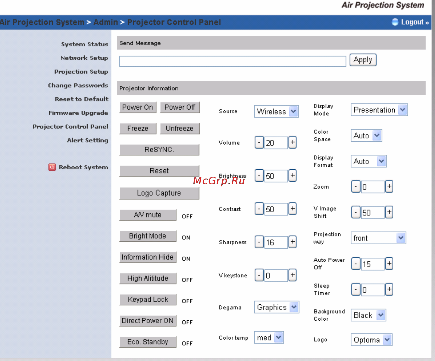 Optoma EW766W [88/99] Projection control panel