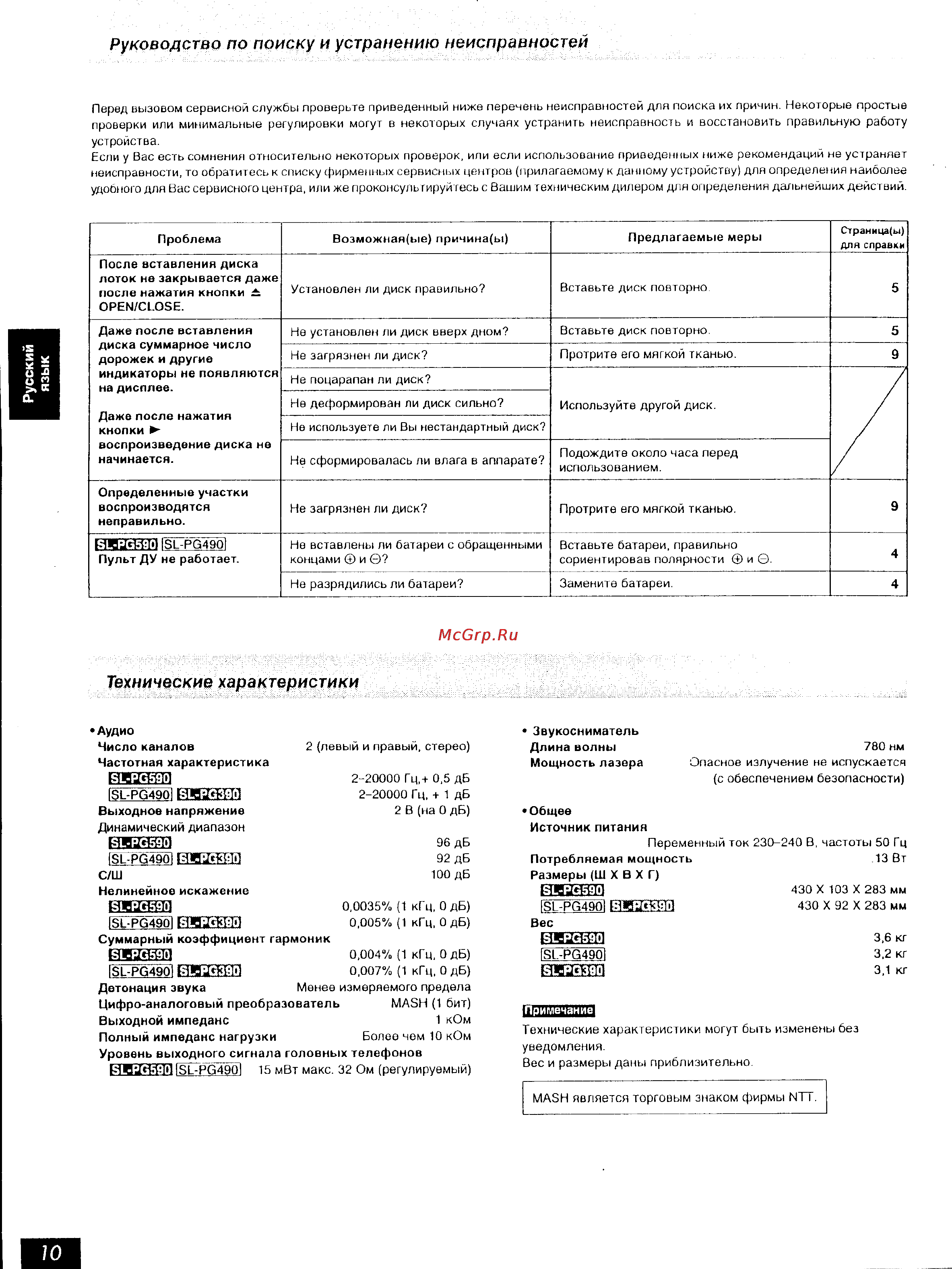 Technics SL-PG490 [10/10] Технические характеристики