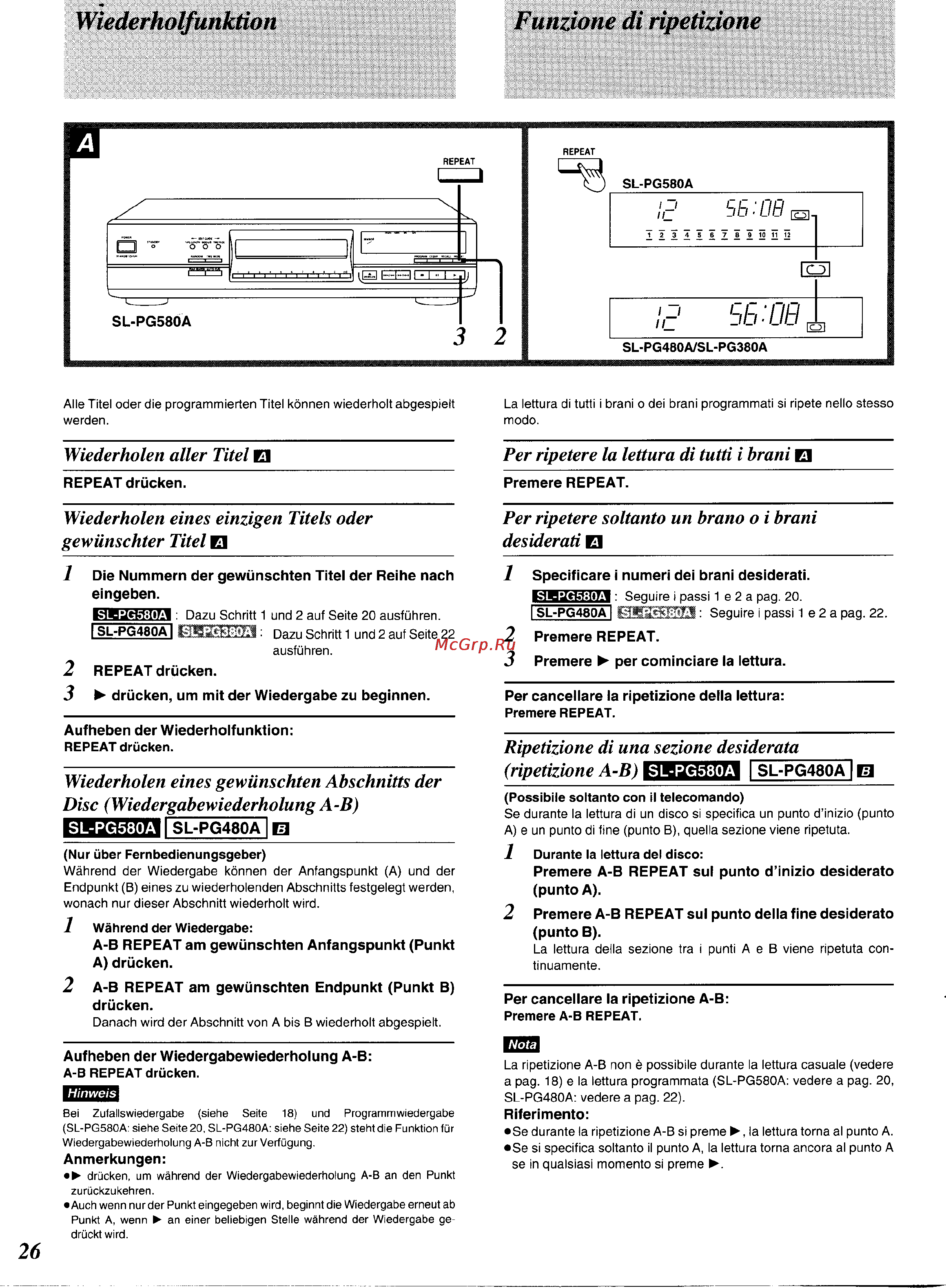 Technics SL-PG580A [24/51] Wiederholfunktion funzione di ripetizione