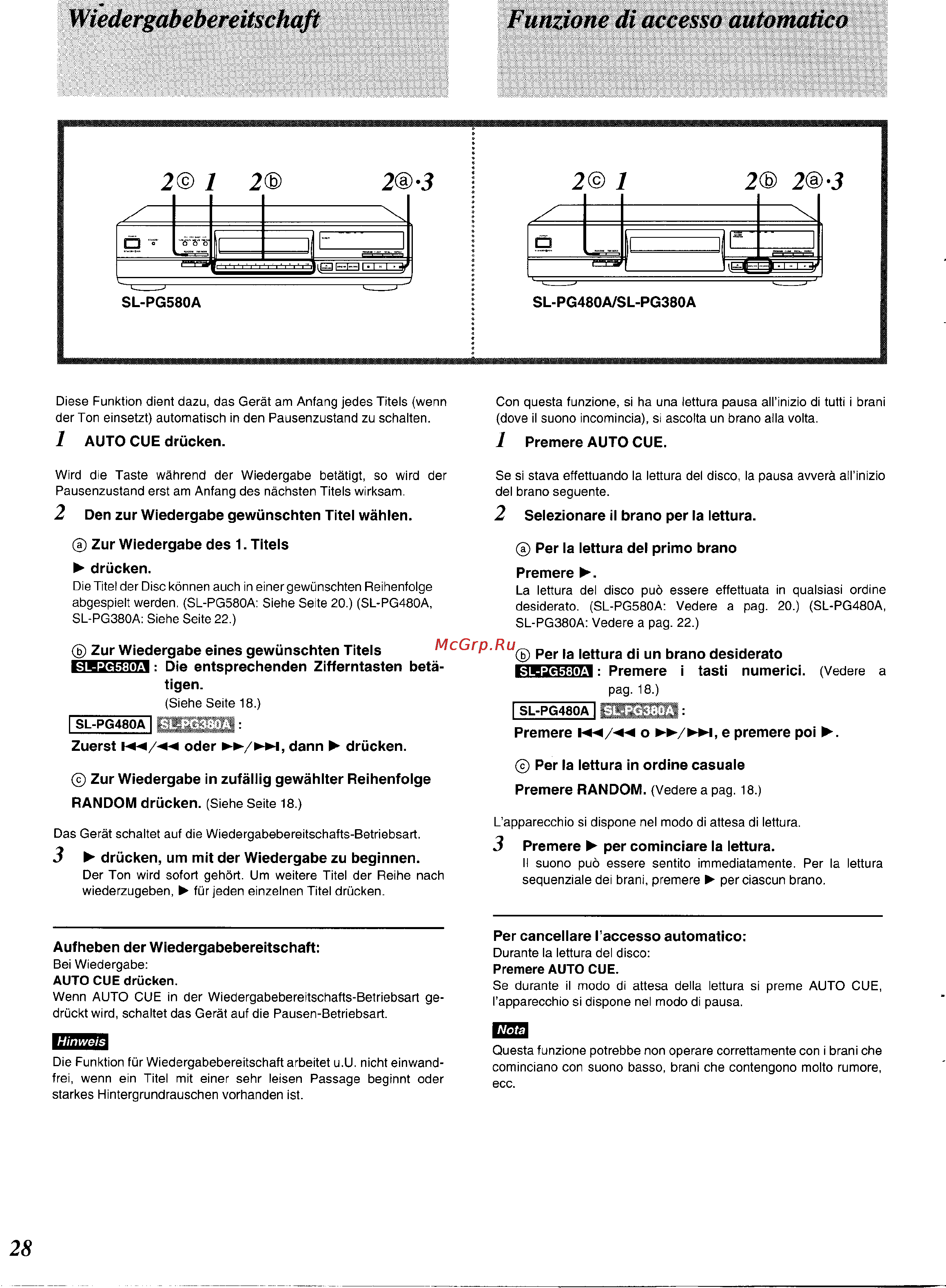 Technics SL-PG380A [26/51] Wiedergabebereitschaft funzione di accesso automático