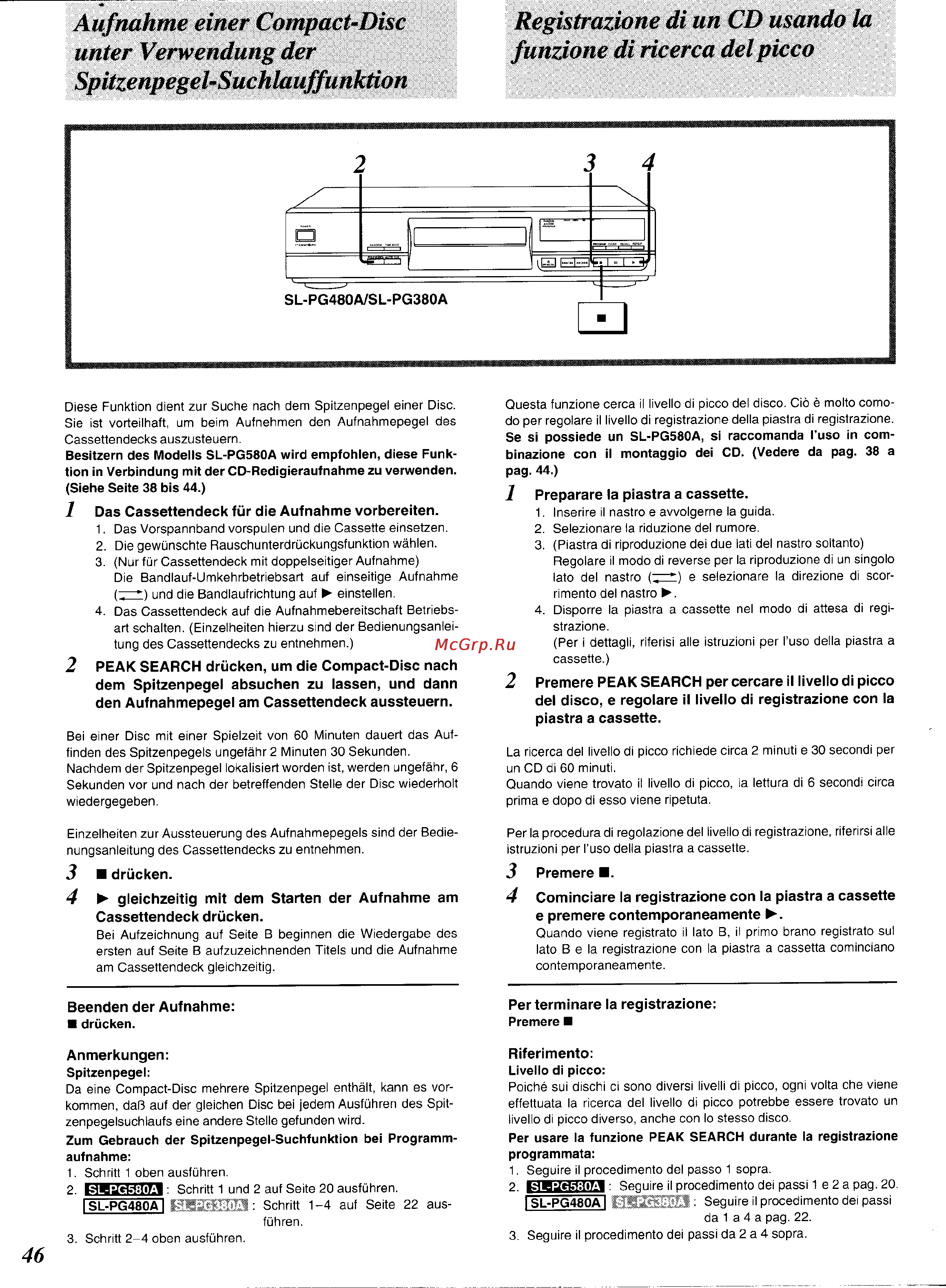 Technics SL-PG380A [44/51] Aufnahme einer compact disc unter verwendung der spitzenpegel suchlauffunktion