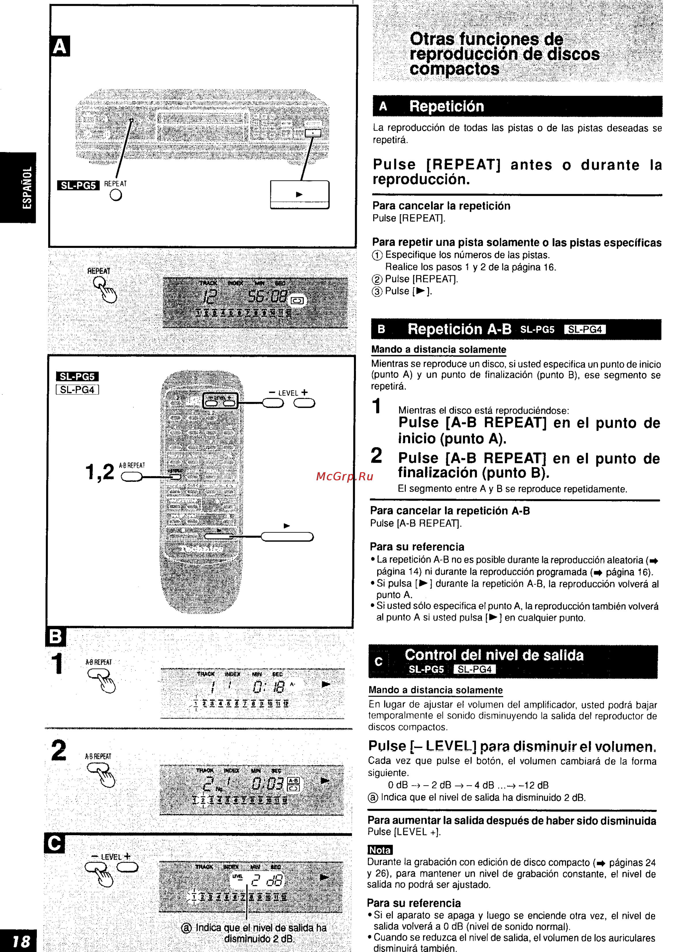Technics SL-PG5 [14/26] Otras funciones de reproducción de discos compactos