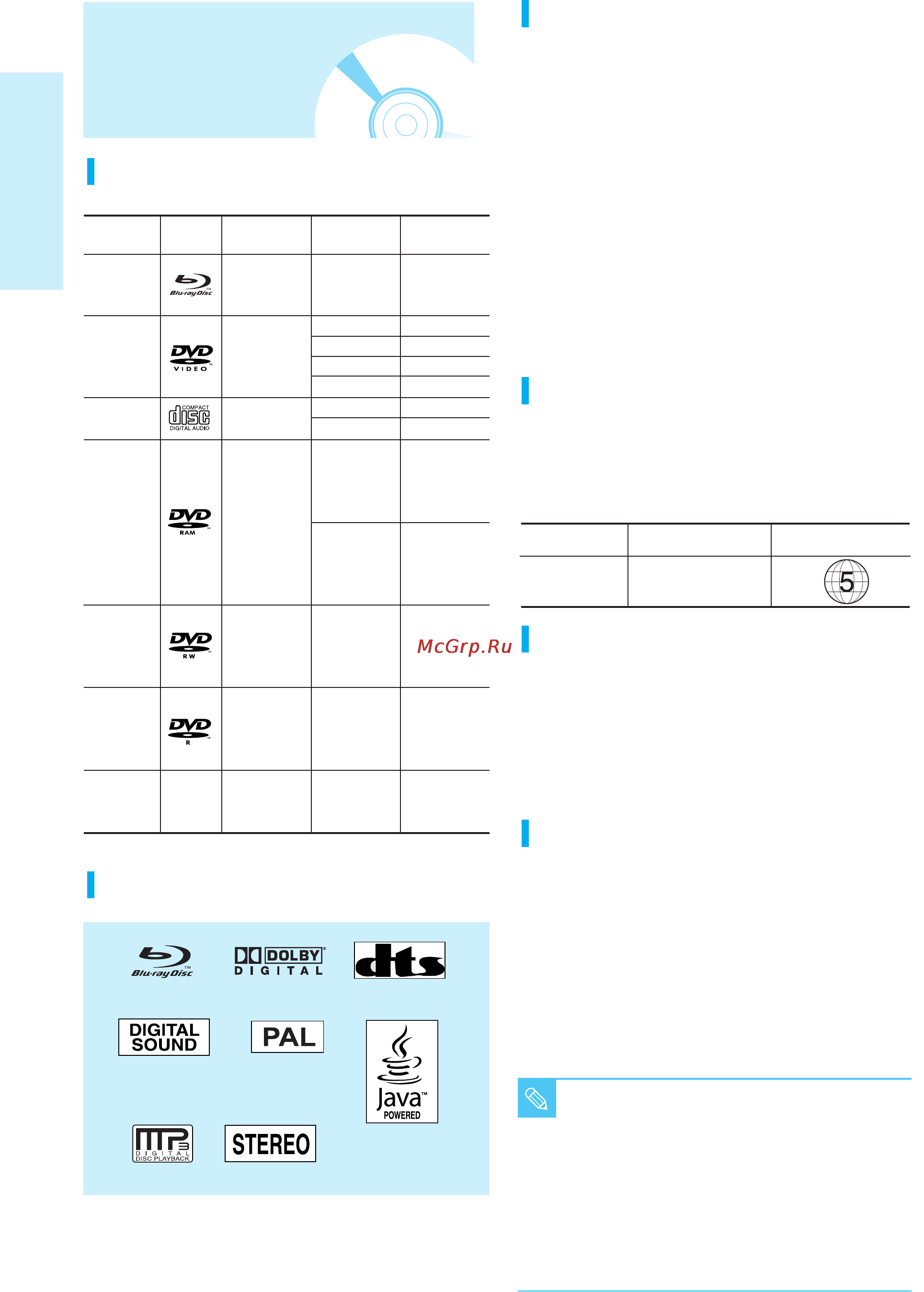 Samsung BD-P1000 [9/98] Disc type and characteristics