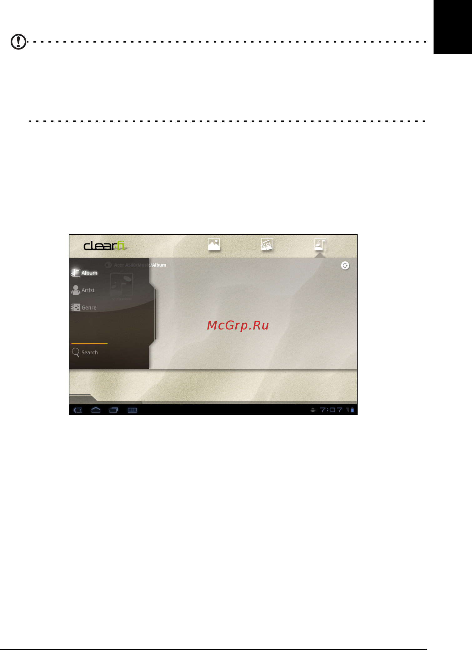 Acer A501 XE.H7KEN.022 [43/90] Музыка clear fi