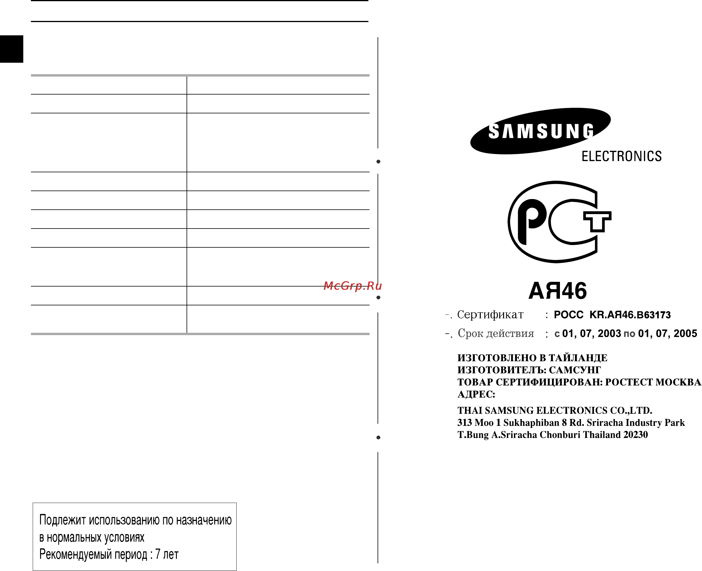 Samsung PG812R [24/24] Технические характеристики